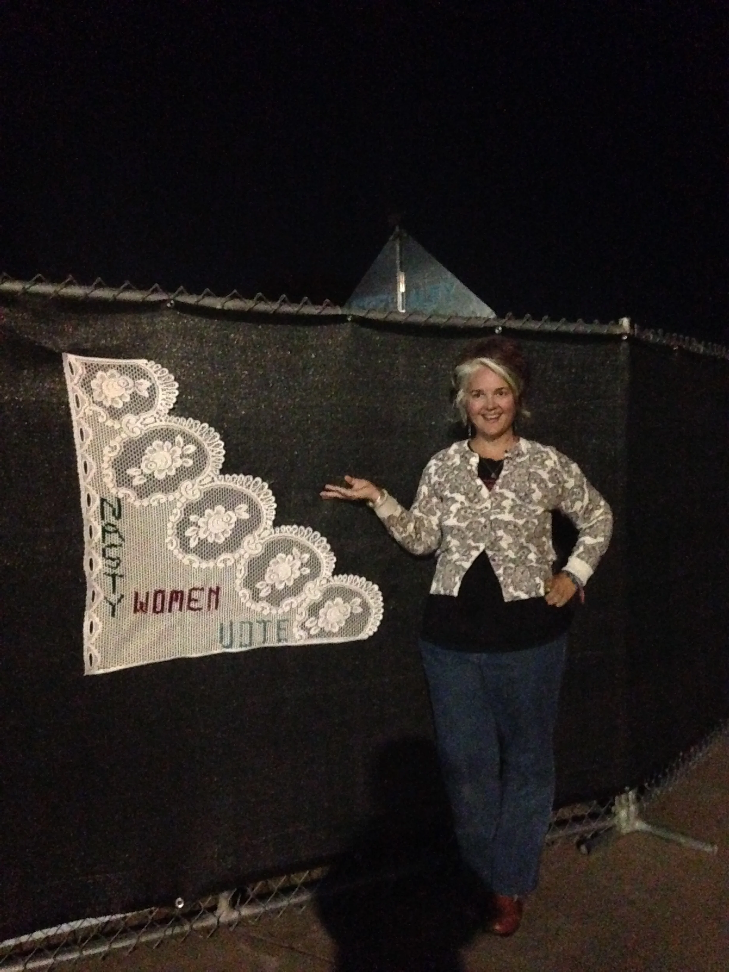 Nasty Women Vote , 2016, lace curtain with yarn, 3' x 3', guerrilla artwork hung downtown Boise until is was removed two days later by the powers that be in Julia Davis Park