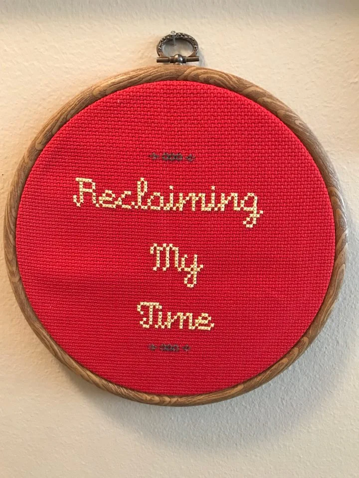 Reclaiming My Time, 2018, cross-stitch in vintage hoop. I've spent the past few weeks stitching for myself and for a commercial gig and it's felt really, really good. This beauty is my own pattern and thus imperfect, just how I like my art. Lucky for you there are several cross stitch patterns out there if you want to stitch one yourself (including this one from my favorite Subversive Cross Stitch).