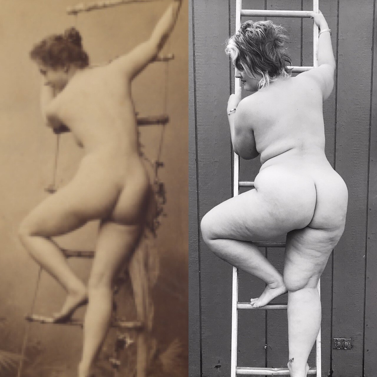 Nude Woman With Back To Camera Climbing A Makeshift Ladder In A Studio With Floral Backdrop, artist unknown, 1870, silver albumen print