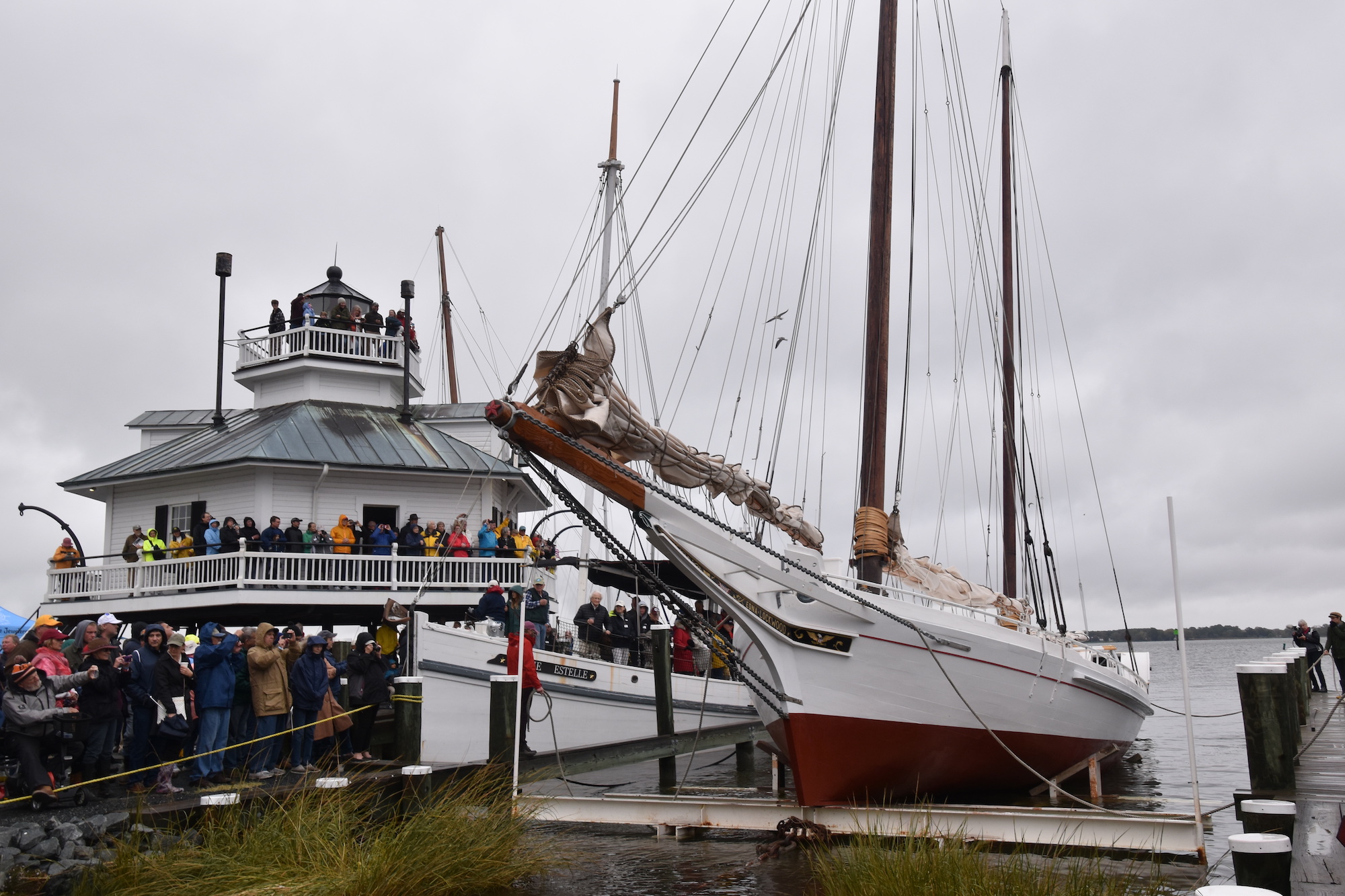   Edna Lockwood  returns to the Miles River on Saturday, Oct. 27, 2018 in front of a crowd at the Chesapeake Bay Maritime Museum.  