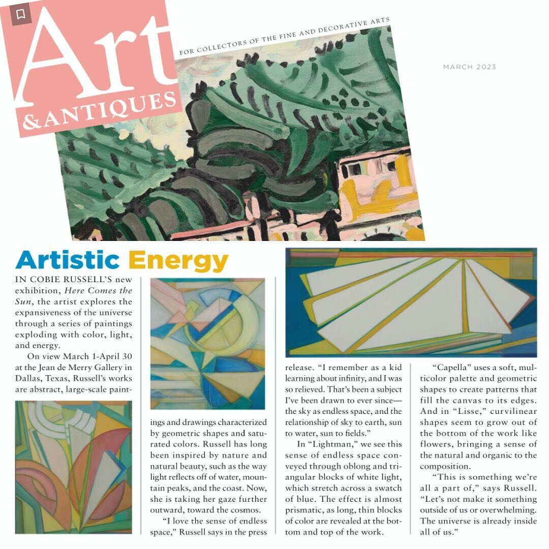 Spring is filled with #artisticenergy 
 
Beautiful March issue from Art&amp;Antiques - covering the Vermeer exhibition in Amsterdam and Hokusai in Boston.

Thank you for the wonderful coverage on my show HERE COMES THE SUN.

The article features 3 wo