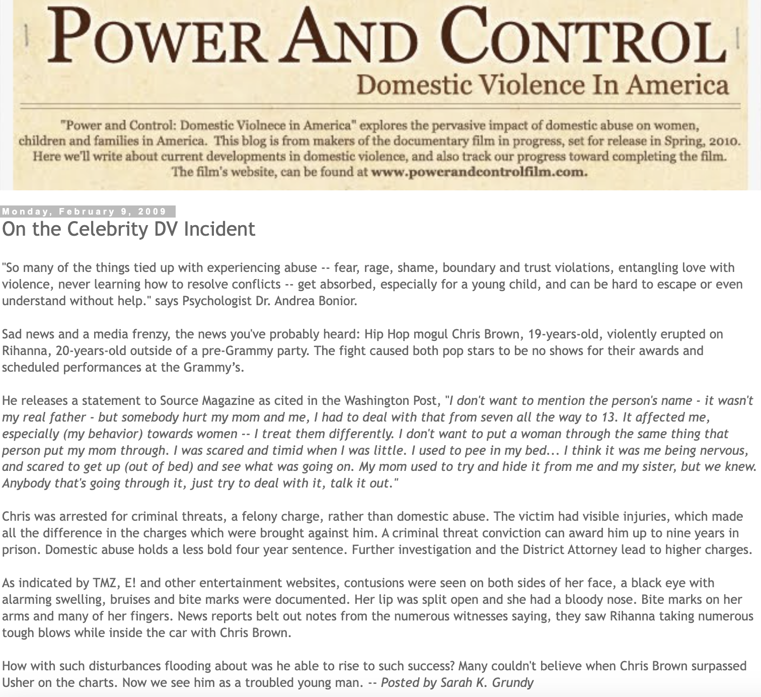 Screenshot of a blog post titled 'On the Celebrity DV Incident' discussing domestic violence issues, a celebrity incident involving Chris Brown, and details about the case and media coverage.
