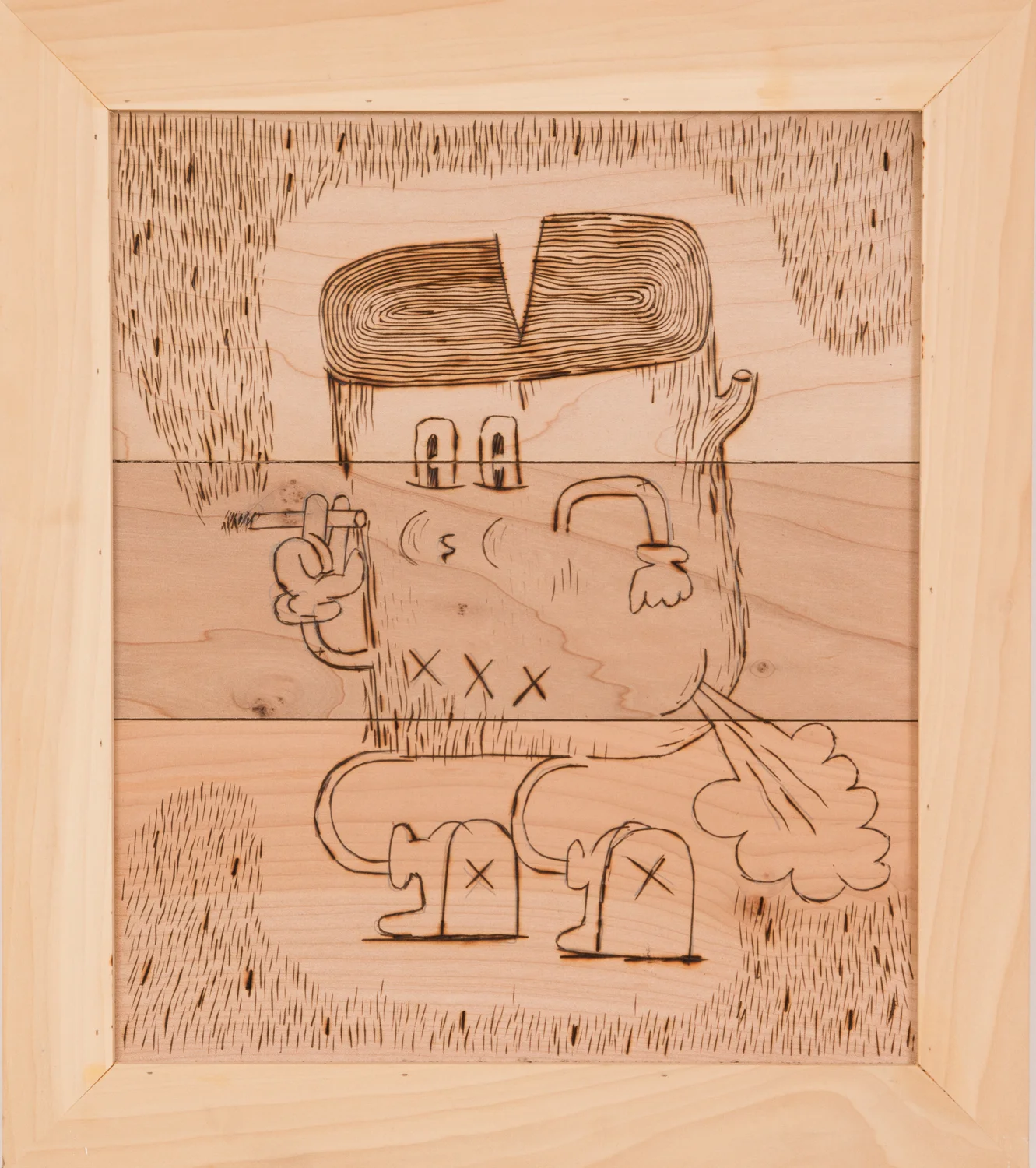  "Smokin' Log." 2015. Wood-burning on Alder panel. 18" x 16." 