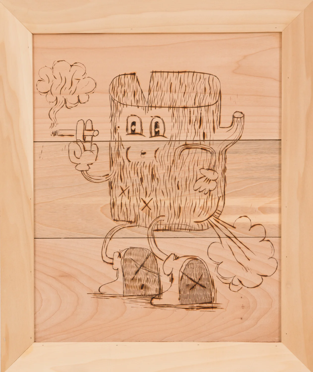  "Smokin' Log #2." 2015. Wood-burning on Alder panel. 20" x 17." 