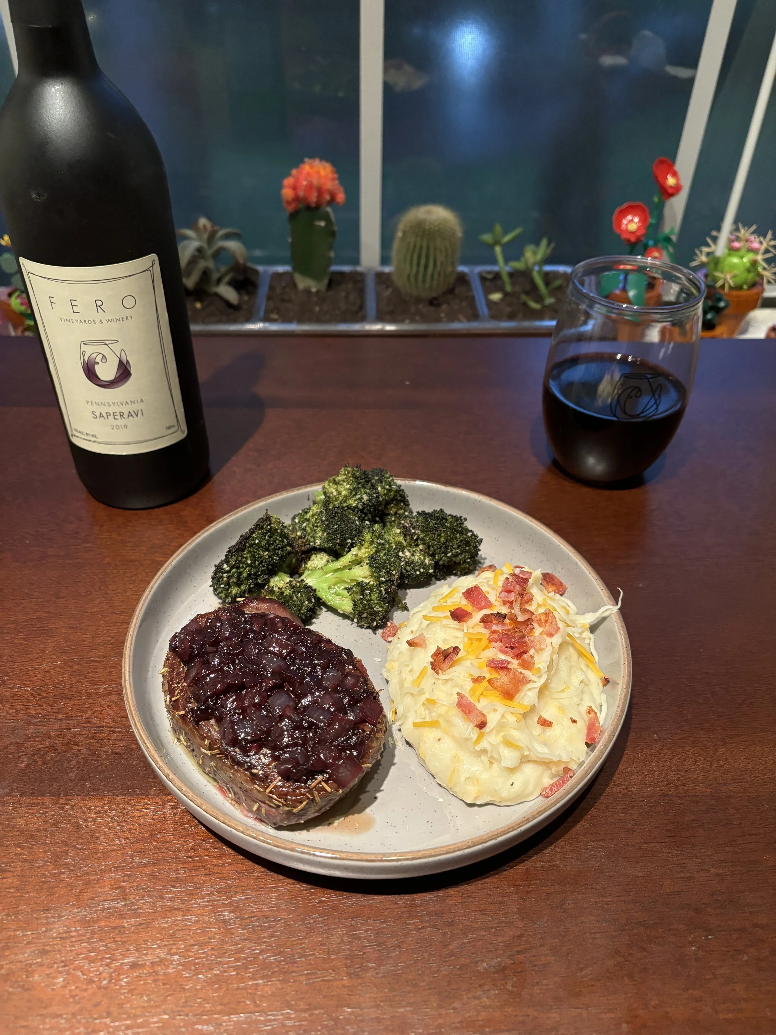 Elevate your Plate: Filet Mignon with Saperavi Reduction Sauce, Broccoli, and Mashed Potatoes