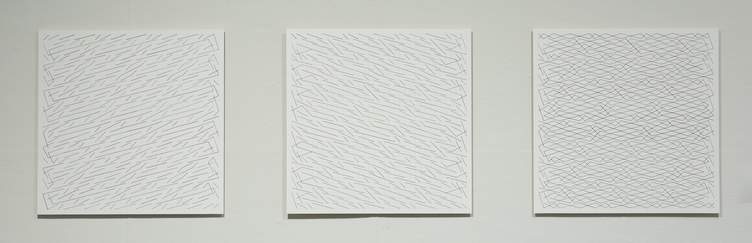Two Horizontal Interlocking Loads Grid 34 x 34 A set of three panels One Right to Left, Two Left to Right, Three, One and Two combined 2016 Acrylic and Ink on panel Each panels size 36” x 36”
