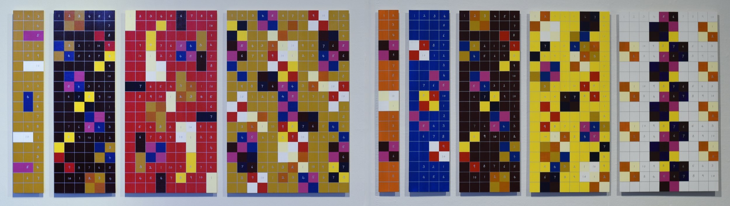Horizontal interlocking load A group of four panels 18 x 3, 18 x 6, 18 x 9, 18 x 12 Odd series A group of five panels 18 x 2, 18 x 4, 18 x 6, 18 x 8, 18 x 10 Even series 2016 Acrylic on panel