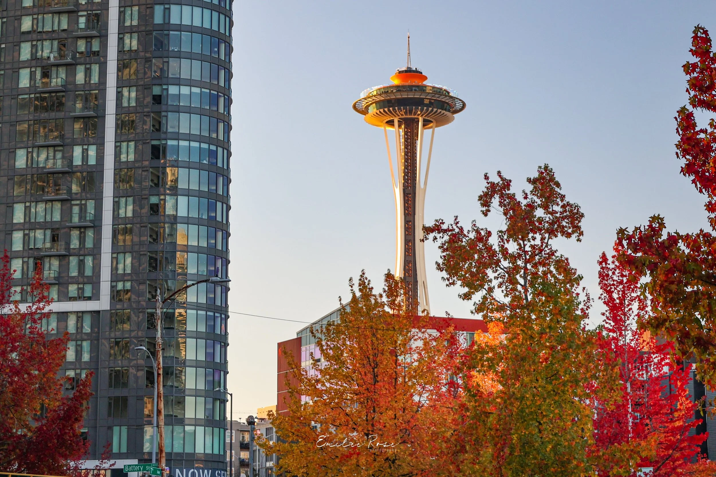 Seattle city's Space Needle with a clear sky in the background. A modern glass building is to the left, and red and orange autumn trees are in the foreground. There is a street sign at the bottom indicating Battery Street.