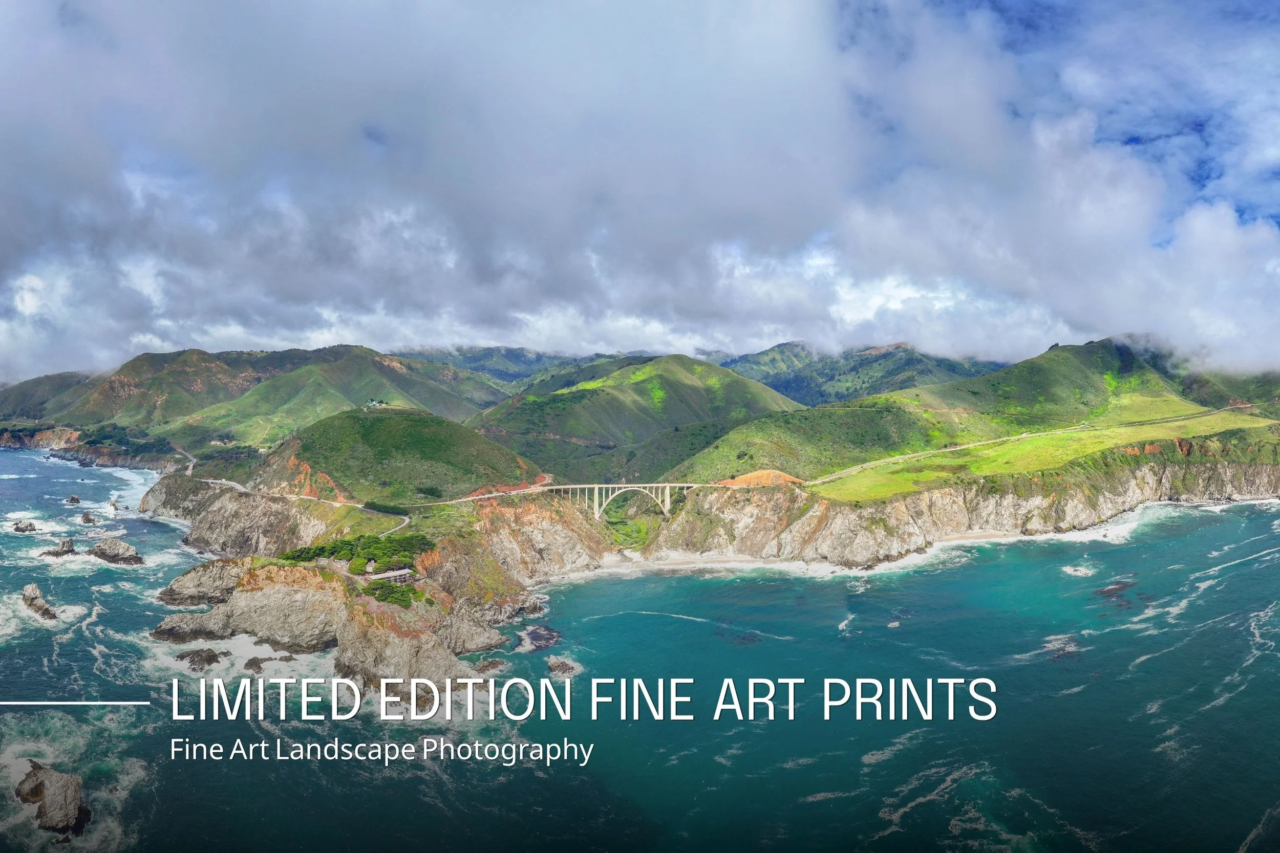 A photograph of a coastal landscape with green hills and cliffs meeting the ocean, under a cloudy sky, with a bridge crossing the cliffs. The text overlay reads 'Limited Edition Fine Art Prints, Fine Art Landscape Photography.'