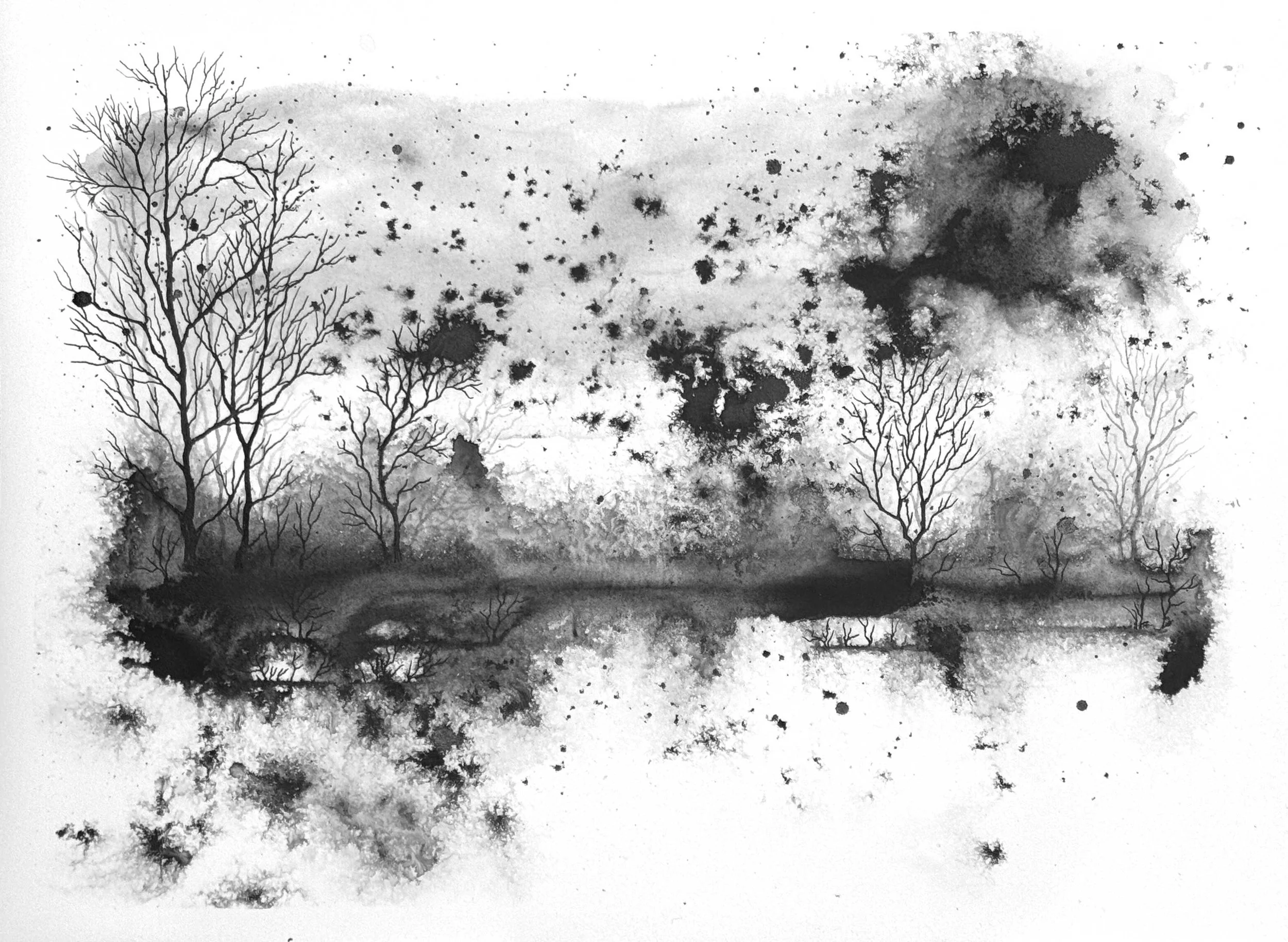 Black and white watercolor painting of a landscape with leafless trees, clouds, and splatters.