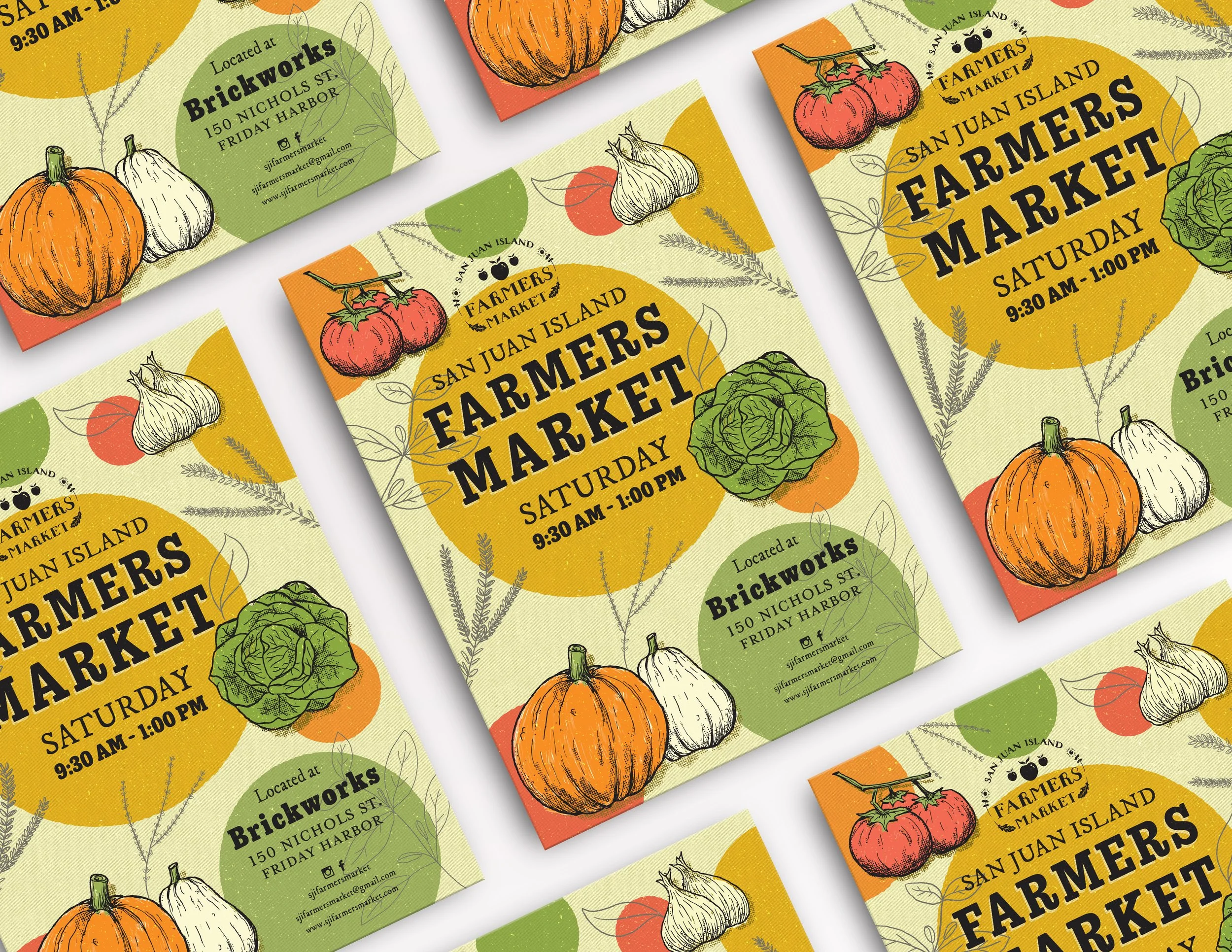 Flyers for the San Juan Island Farmers Market with illustrations of pumpkins, garlic, and lettuce, and details about the market location, date, and time.