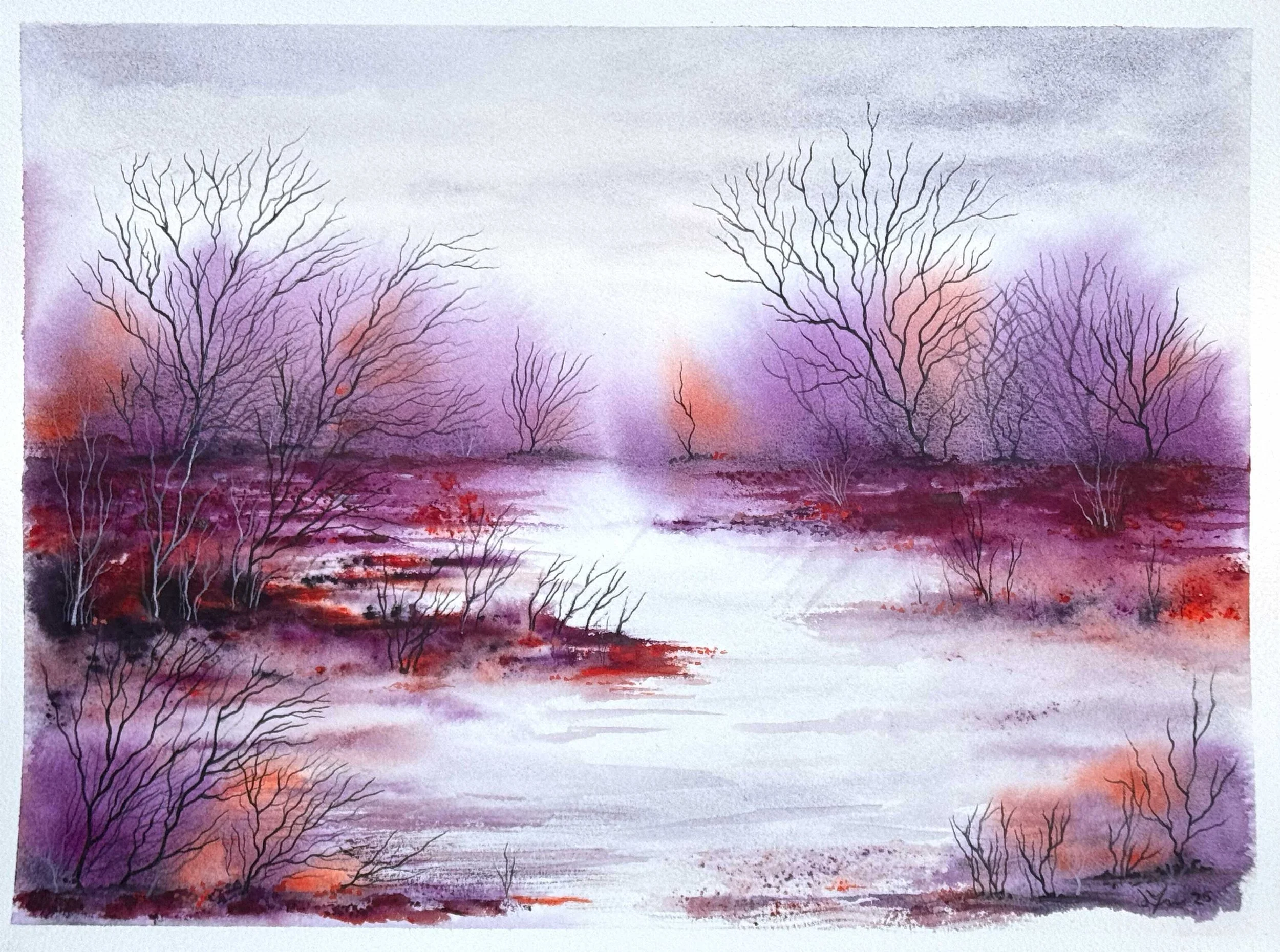 Watercolor painting of a winter landscape with leafless trees, a frozen river, and purple, orange, and gray hues in the background.
