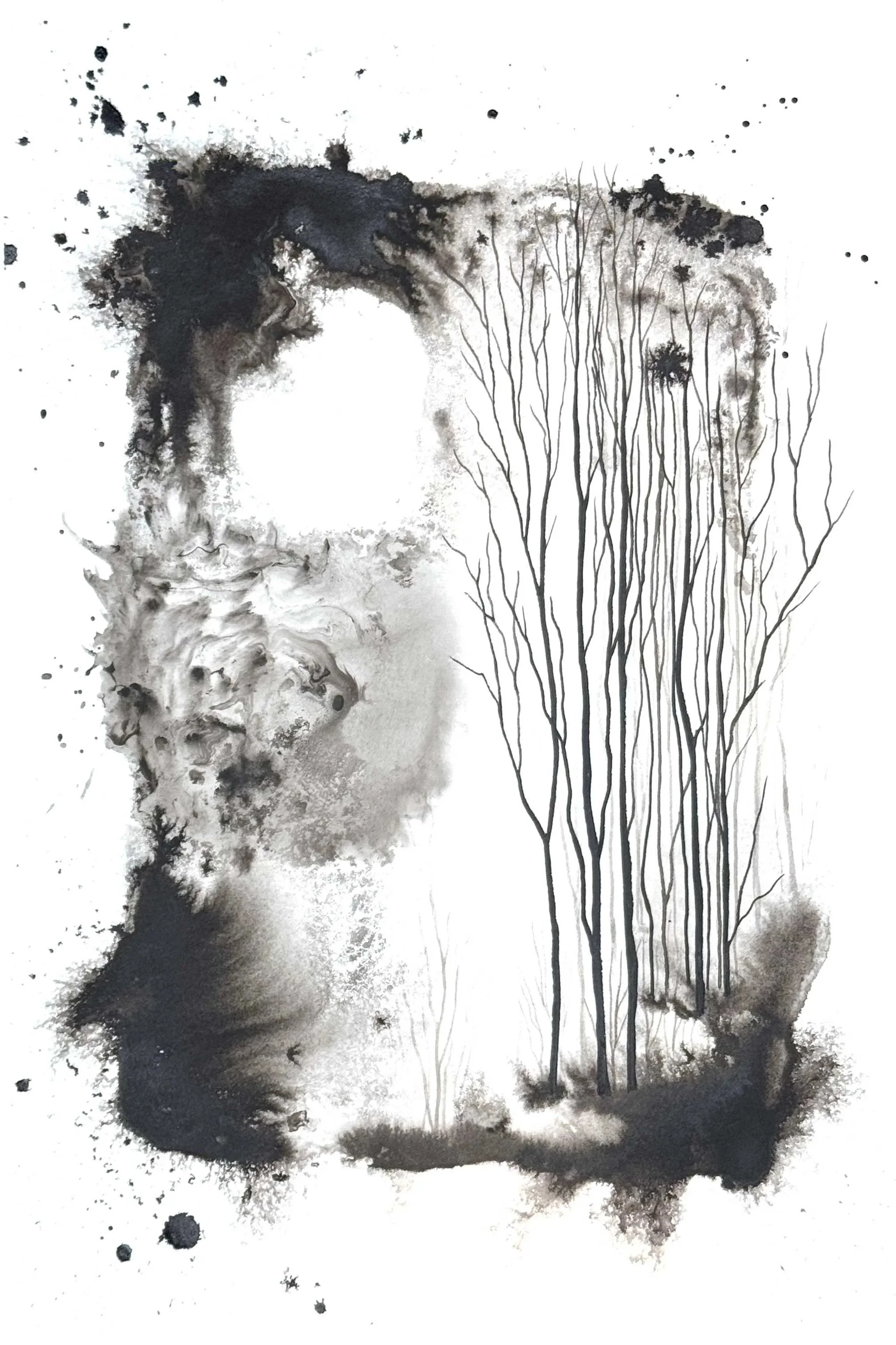 A black and white watercolor and ink illustration of the moon and bare trees to the right.