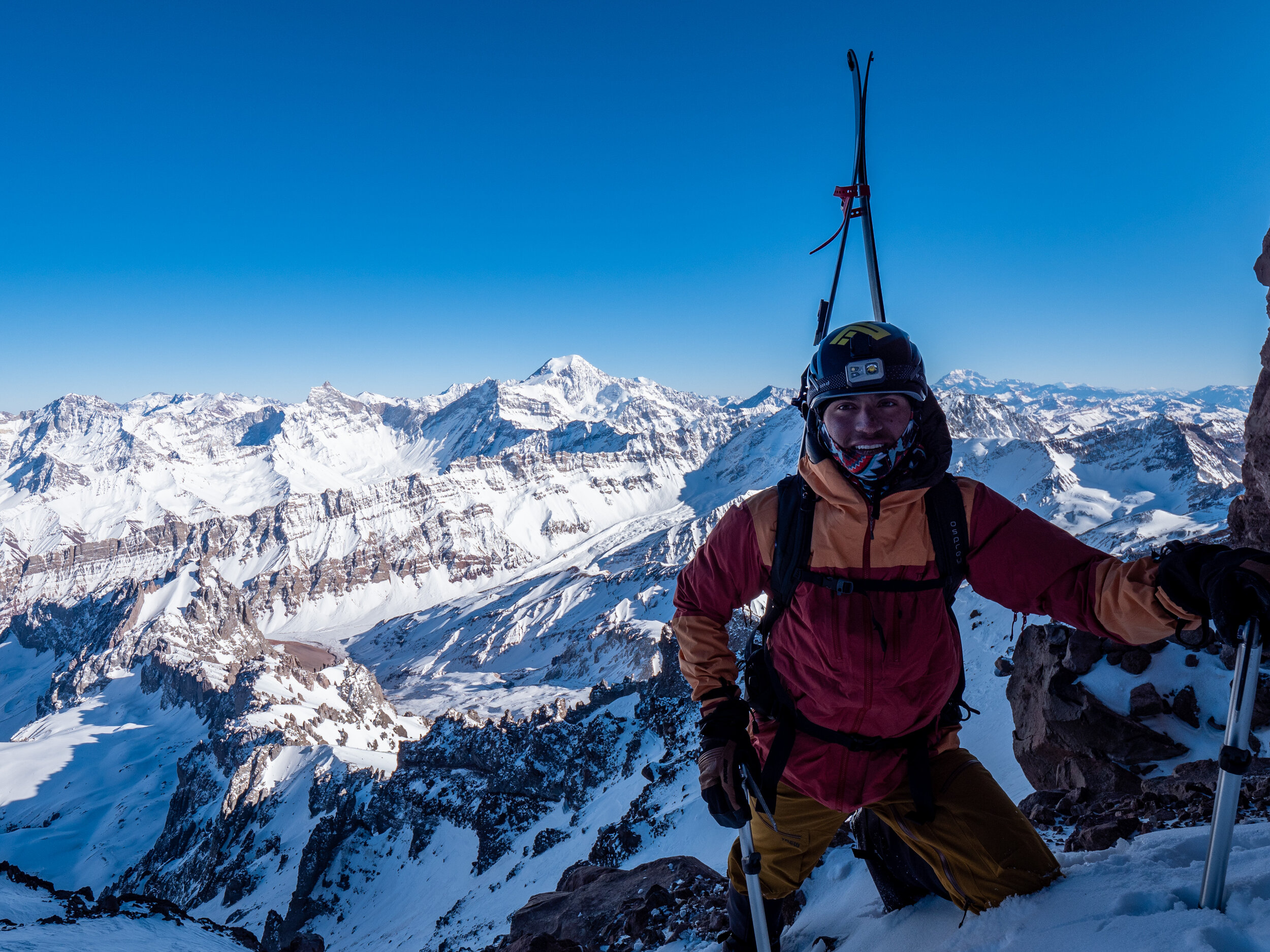 Rafael Pease on the ascent route which begun at 3:30am and ended at 11:30pm. With Aconcagua to the right of his head.