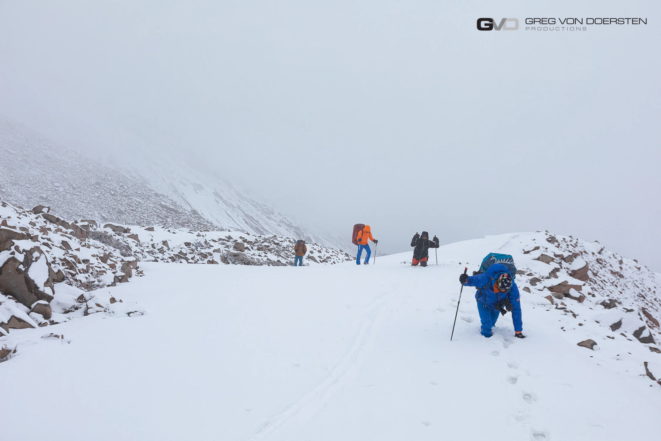 The crew shuttling the first round of gear from camp 3 to camp 4 of 6.