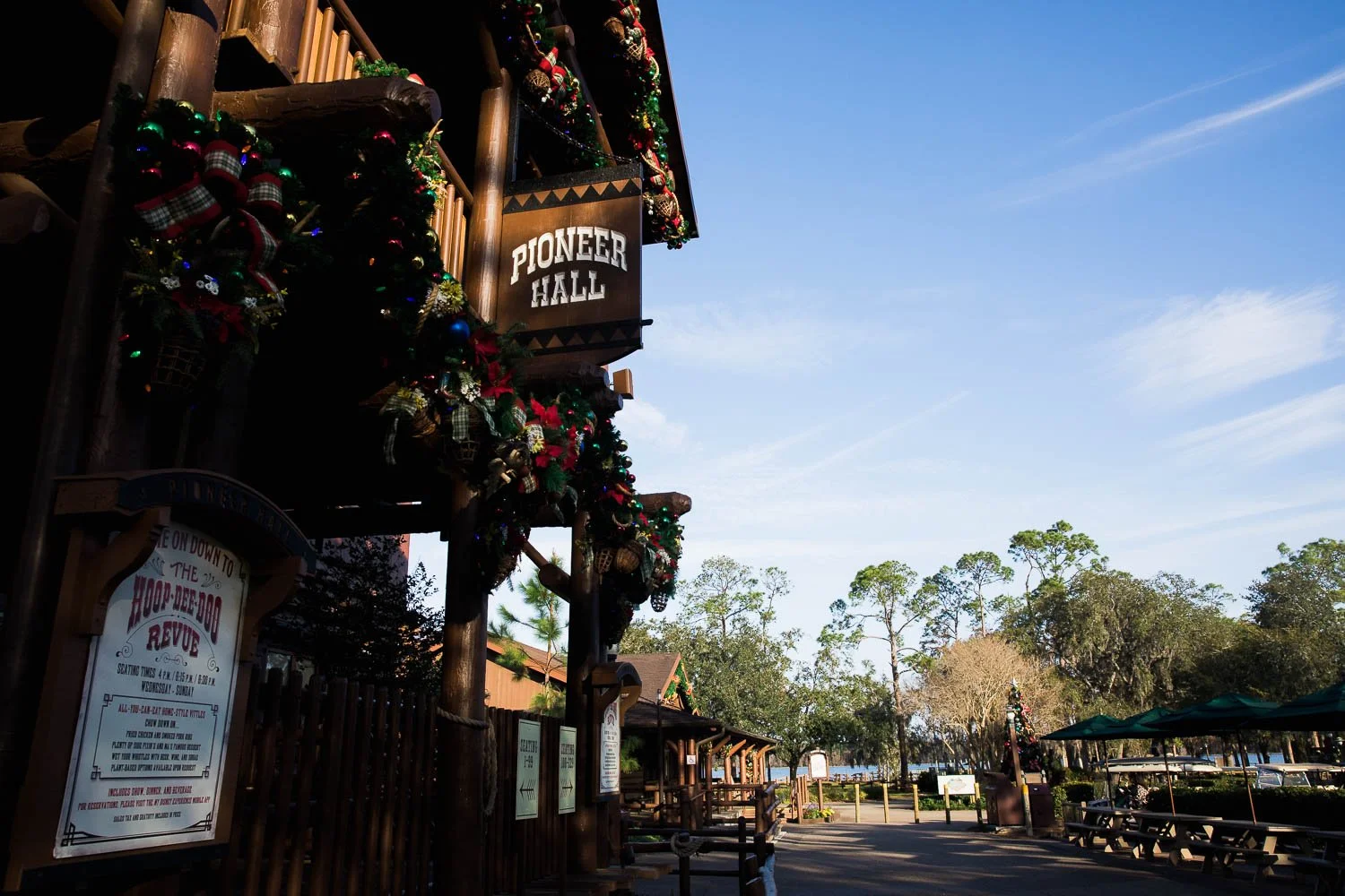 View of Pioneer Hall and the lake at Fort Wilderness Resort in Orlando, Florida.