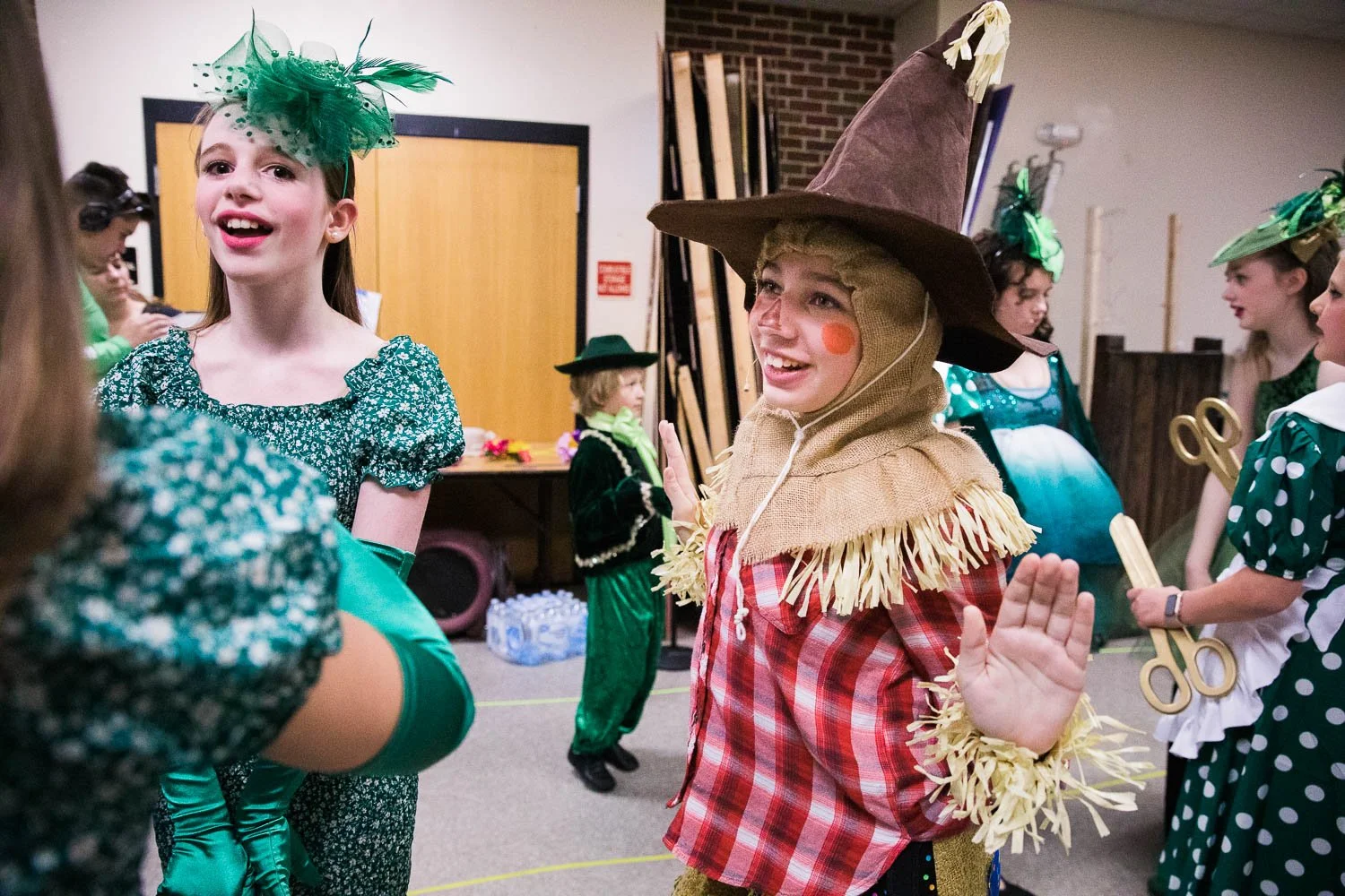 Scarecrow hangs out backstage of the Wizard of Oz youth edition.