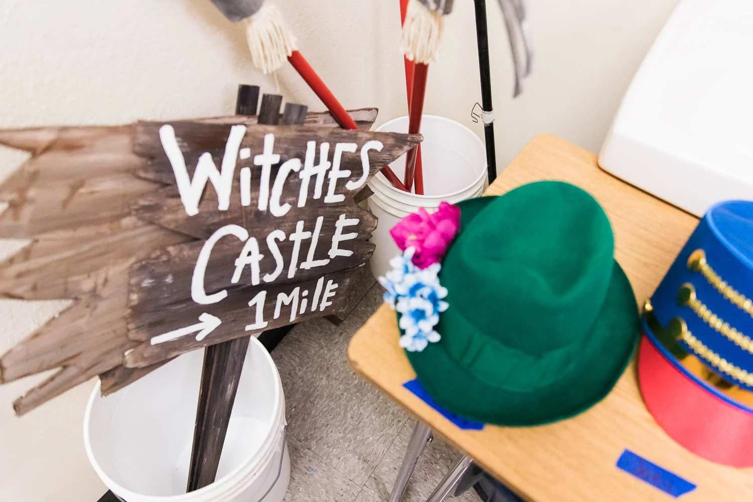 Signs and backstage props for the Wizard of Oz.