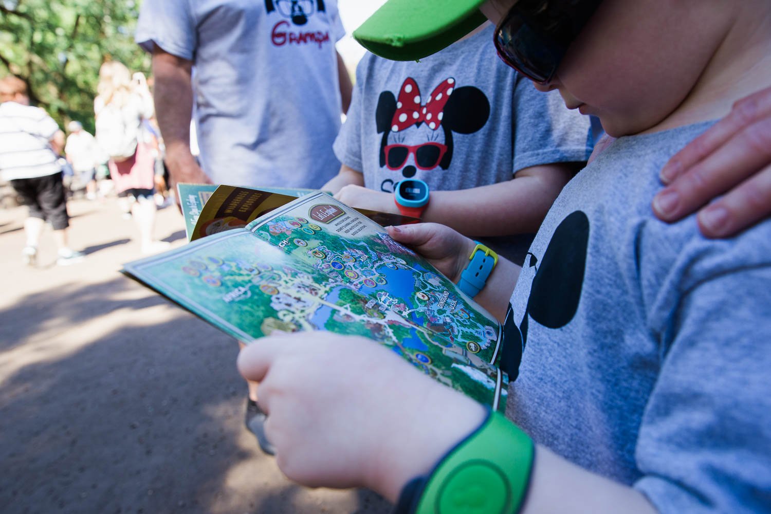 Boy looks at Wilderness Explorers map at the Animal Kingdom.