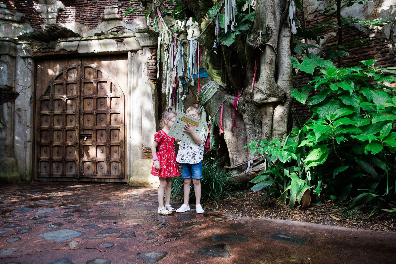 Siblings look over a guide map at the Animal Kingdom.