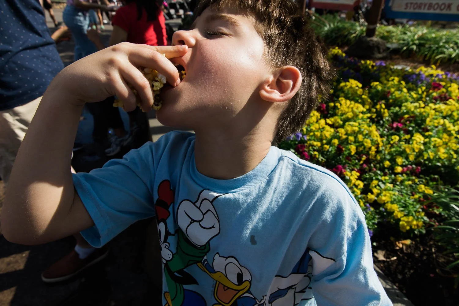 Little boy stuffs his face with popcorn at the Magic Kingdom.
