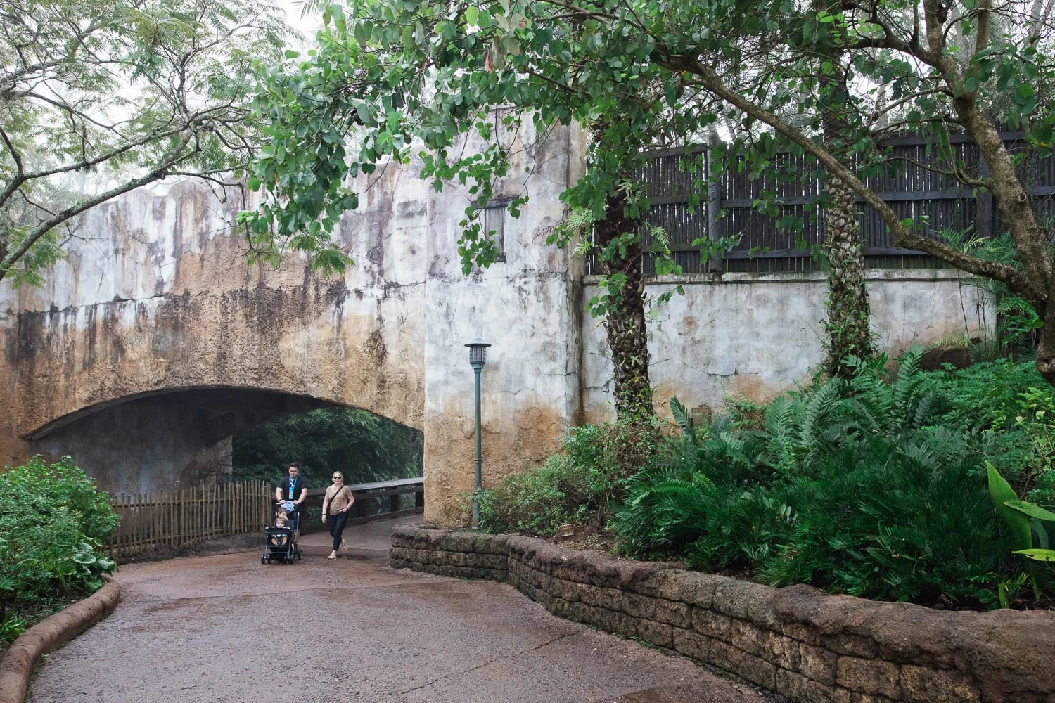 Family walks pathway between Pandora and Harambe at the Animal Kingdom.