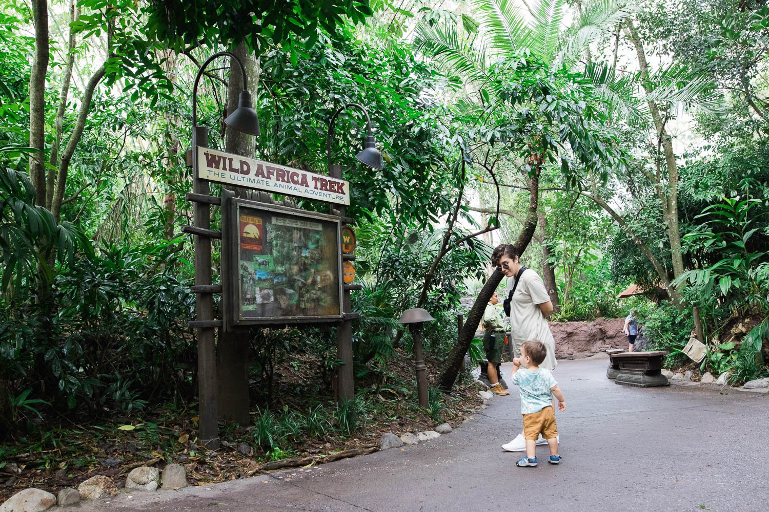 Mother and baby look at Wild Africa Trek signage at Animal Kingdom.