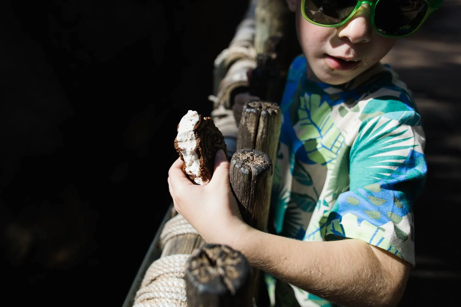 Boy eats a Mickey ice cream sandwich at the Animal Kingdom.