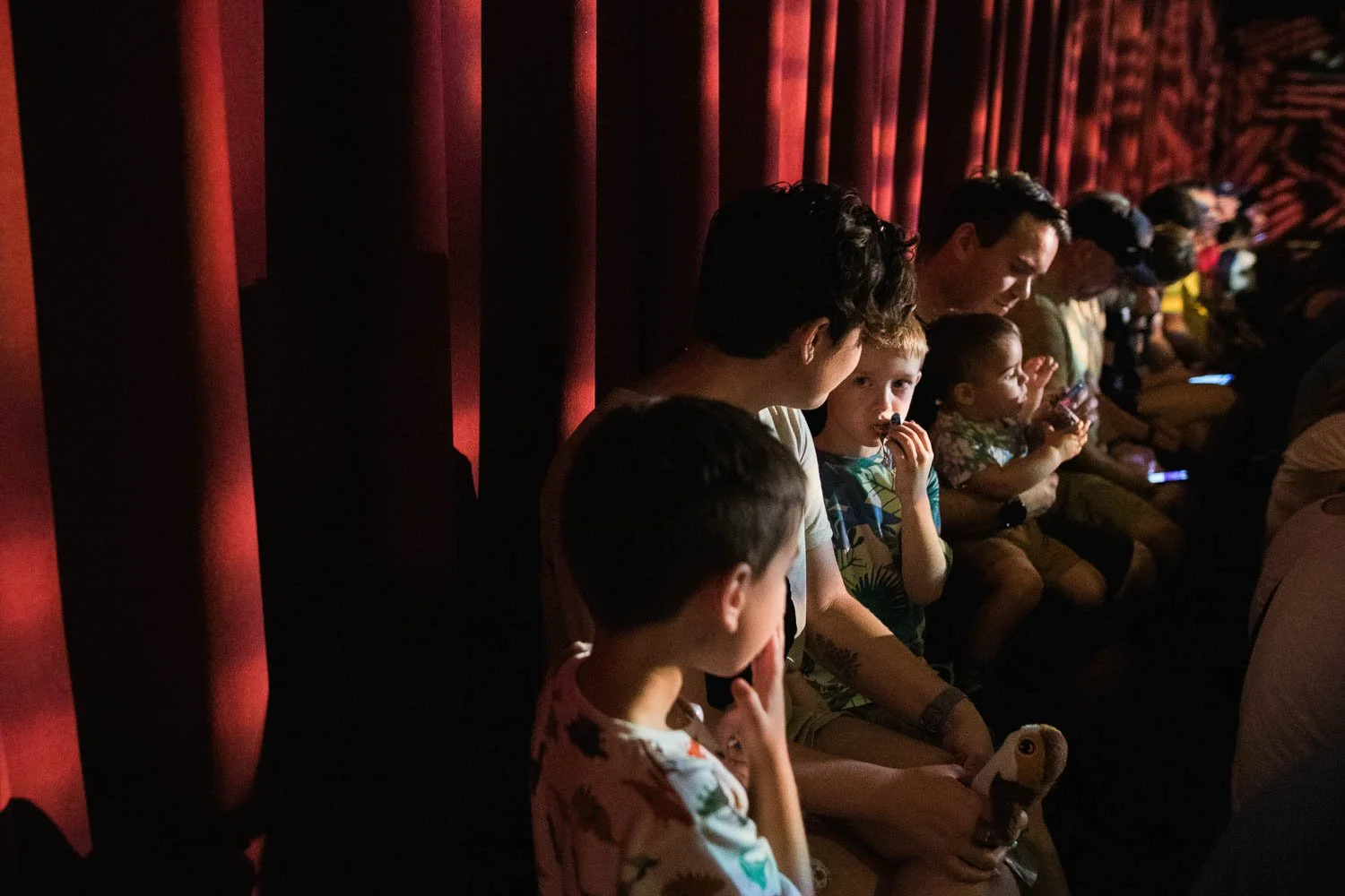 Family sits in the back row at the Festival of the lion King show at Animal Kingdom.
