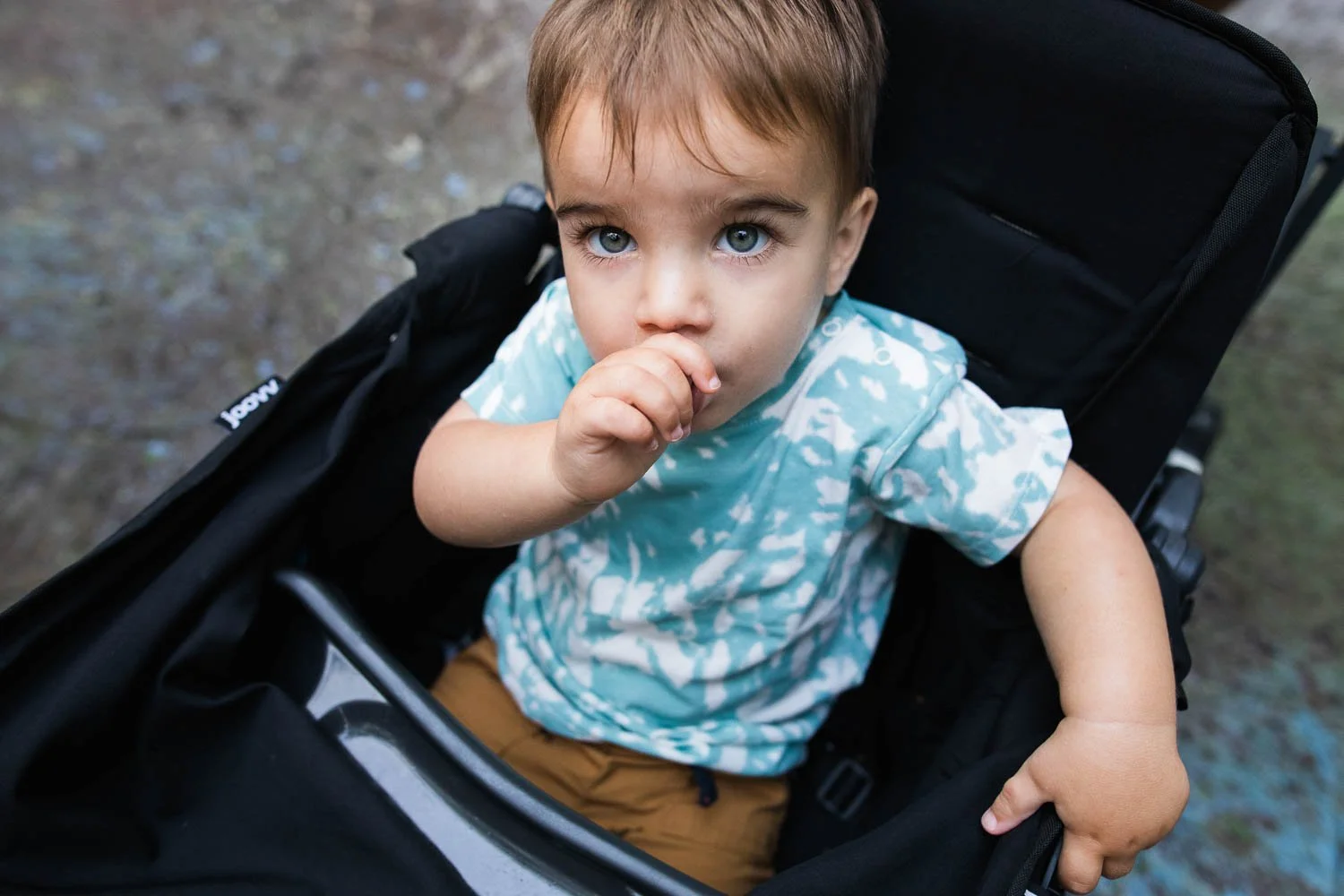 Little boy sucks his thumb while being pushed in his stroller.