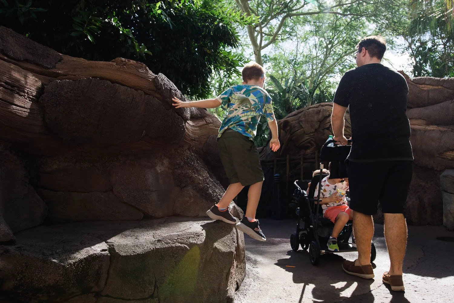 Family walks Tree of Life trails at the Animal Kingdom theme park.