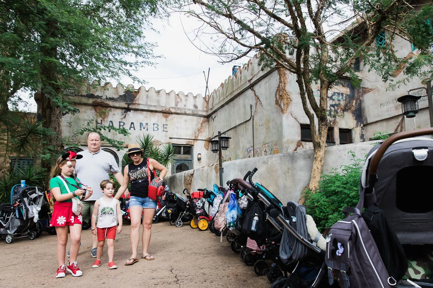 Family parks their stroller in the Harambe section of the Animal Kingdom.