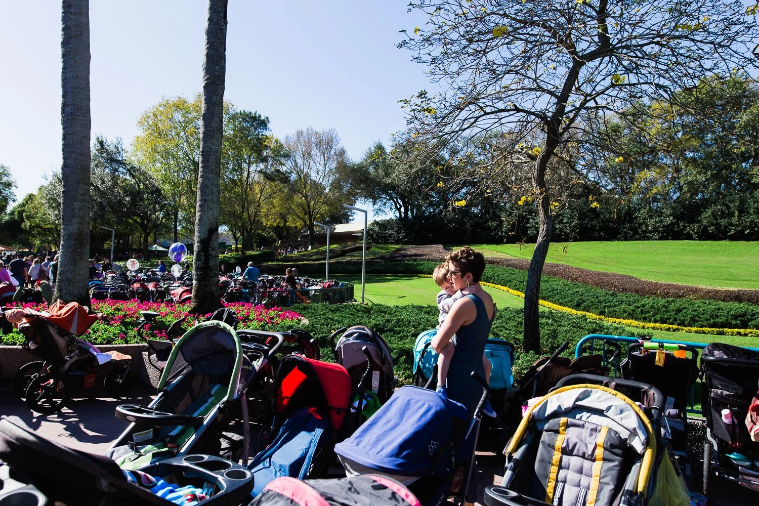 Mother carries toddler and searches for stroller outside the Seas pavilion in Epcot.