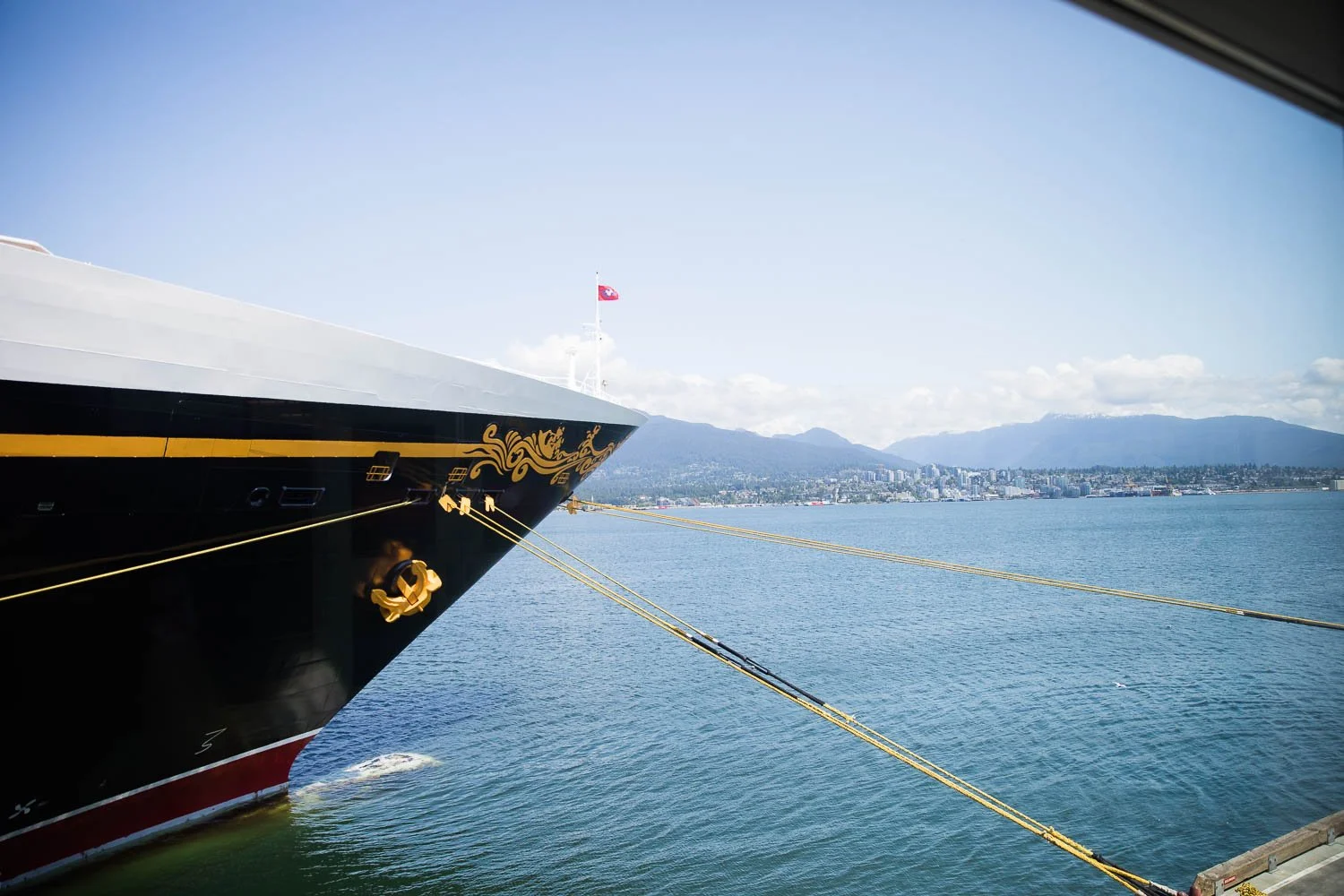 The bow of the Disney Wonder docked in Vancouver, BC, Canada.