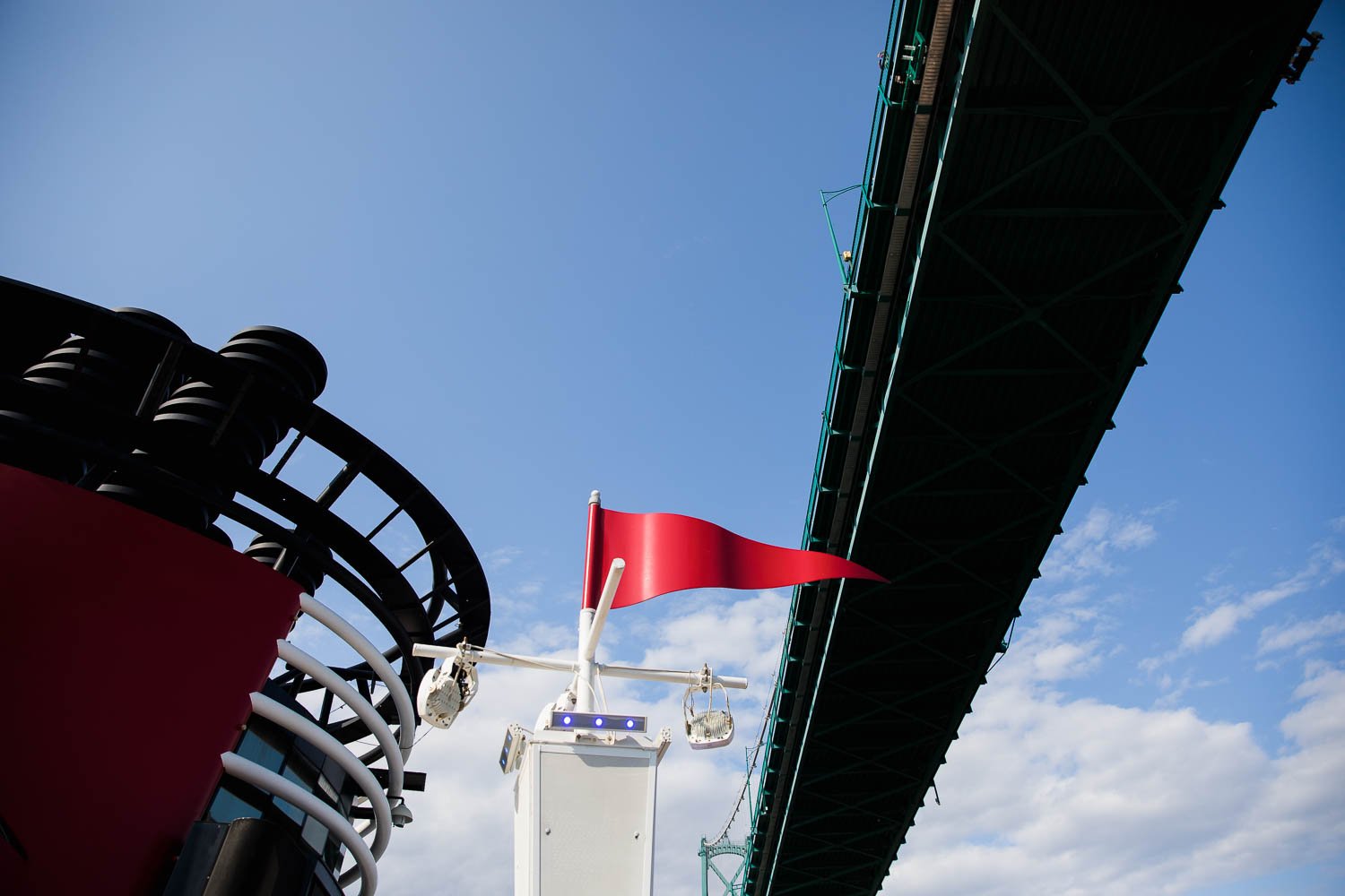 Sailing under the suspension bridge in the port of Vancouver.