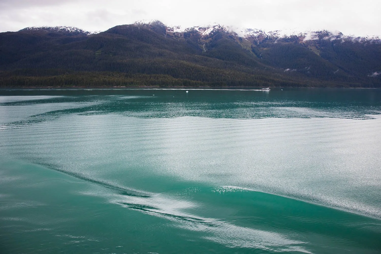 Beautiful teal waters of an Alaskan fjord with a boat off in the distance.