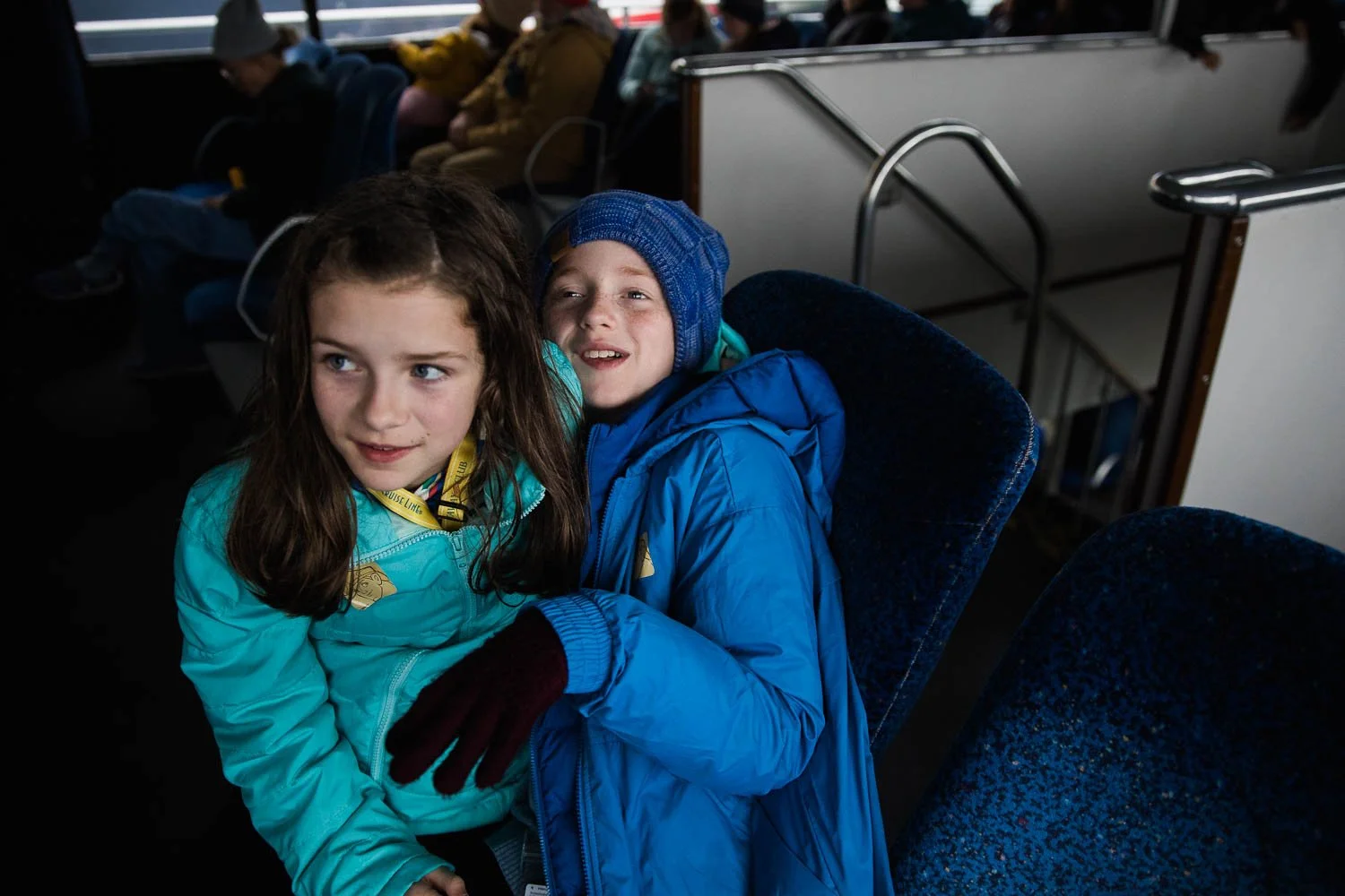 Siblings wait to debark their Alaskan boat excursion.