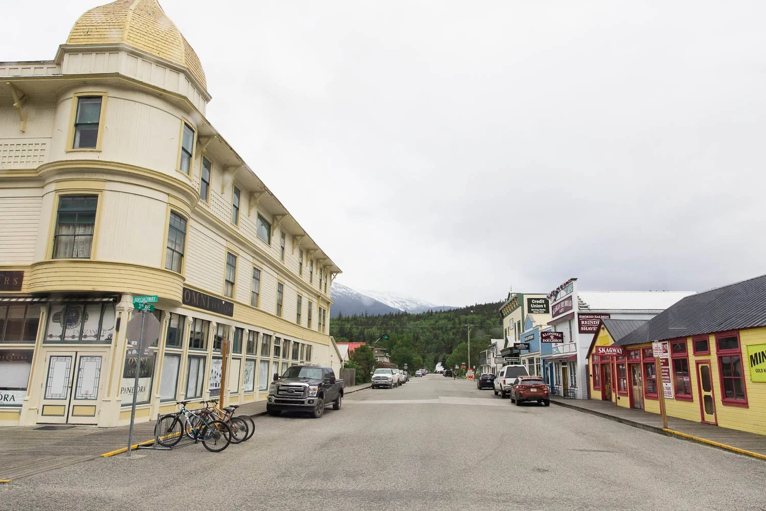 View looking down a street in Skagway Alaska.
