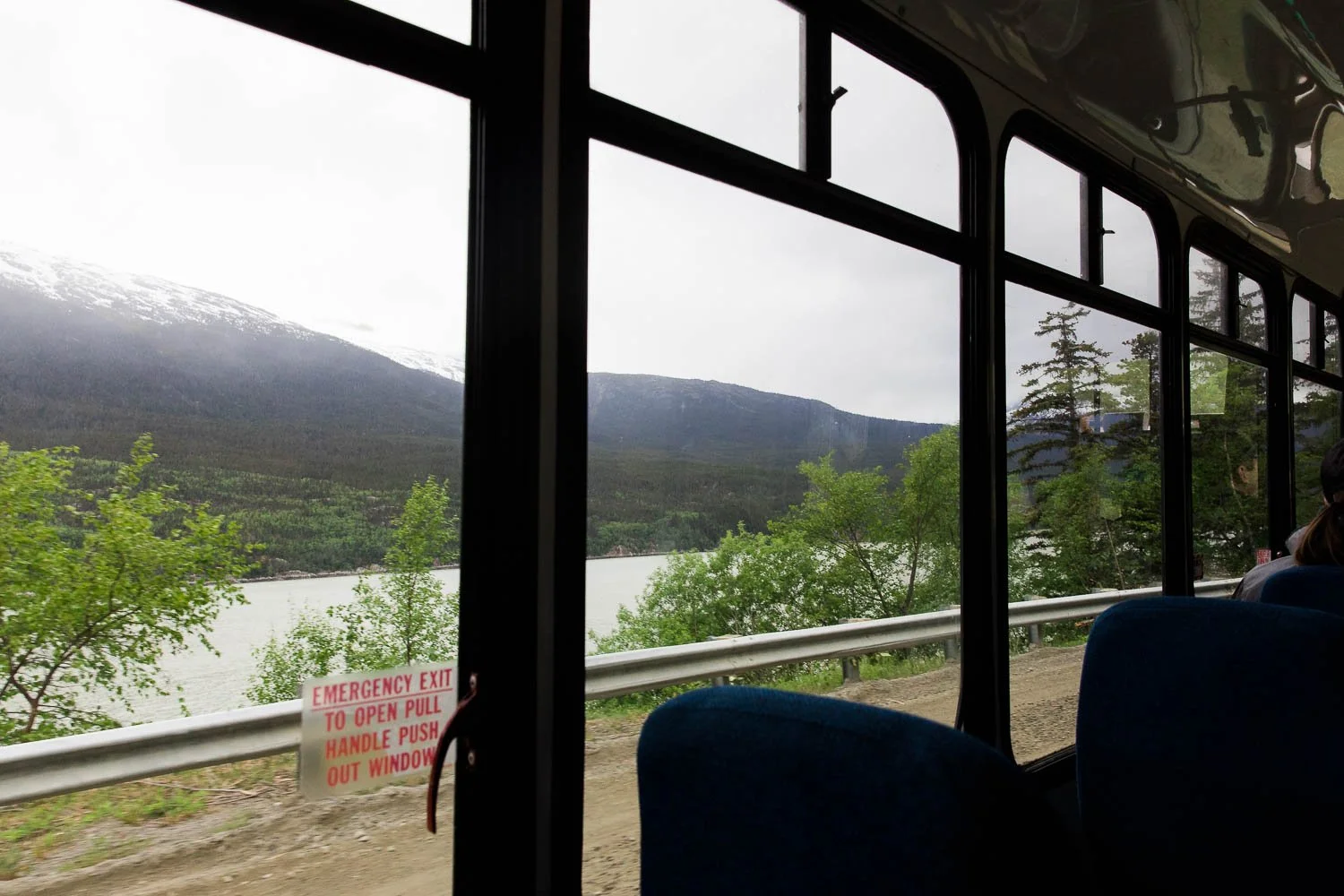 Looking out at the Yukon Gold Pass from a bus in Skagway Alaska.