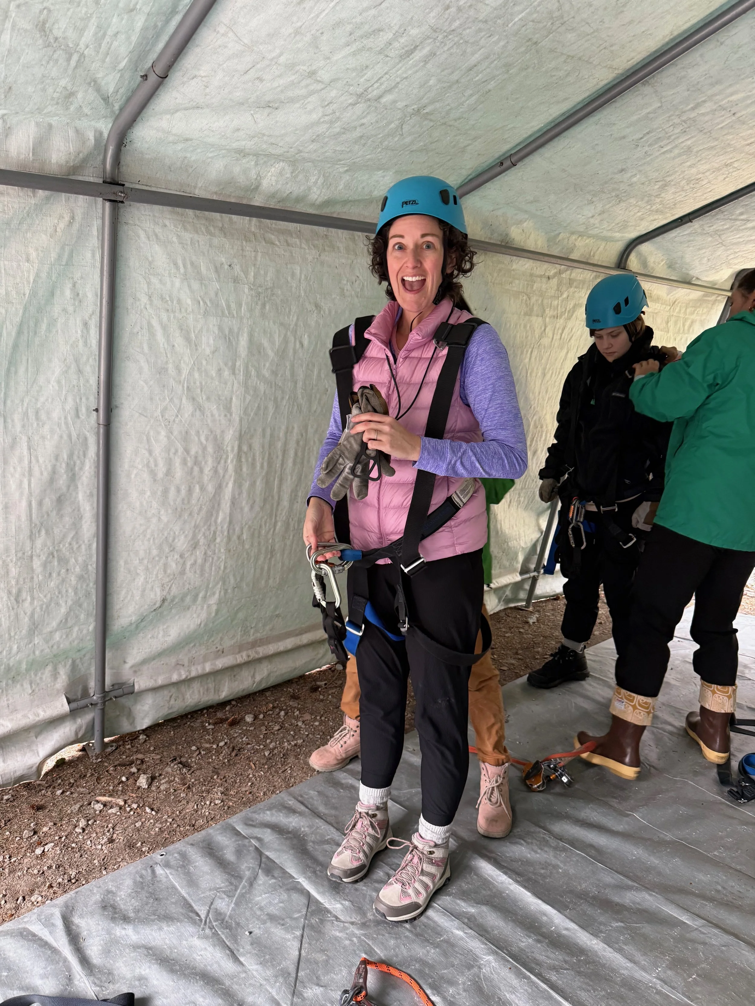 Getting suited up for a zipline excursions in Skagway, Alaska.