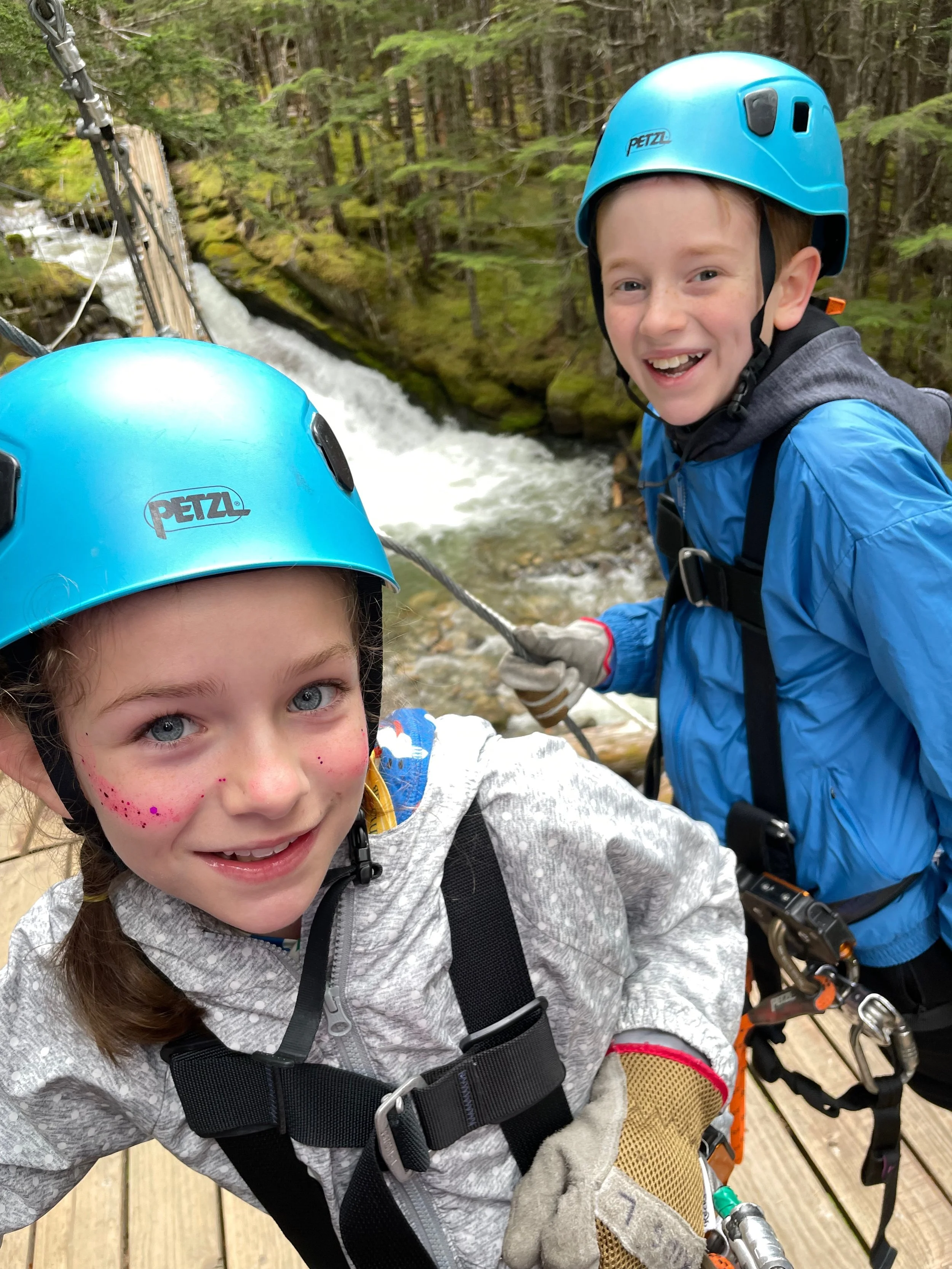 Kids suited up and ready to zip line in Skagway, Alaska.