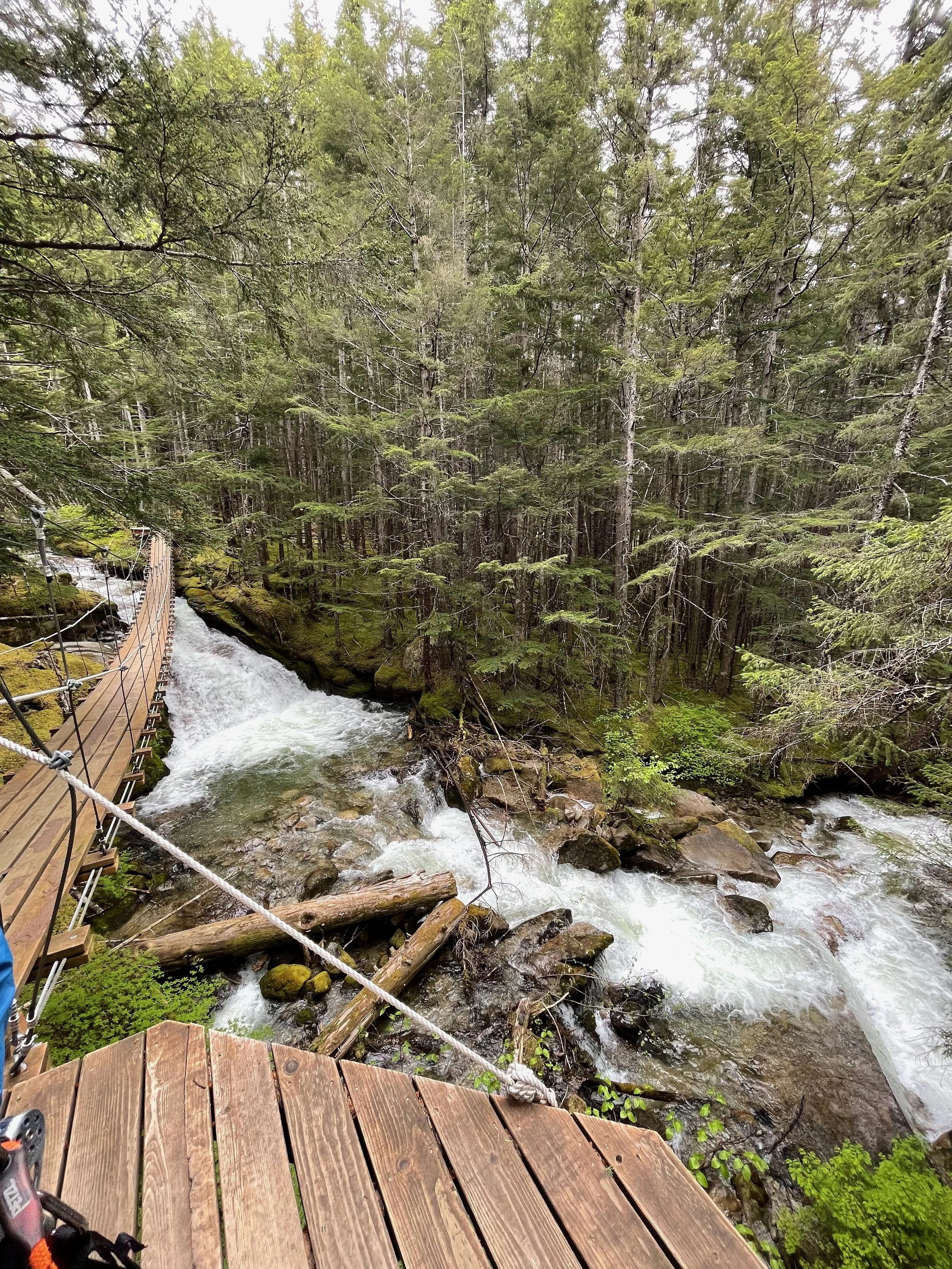 View of waterfalls under the zipline course in Skagway, Alaska.