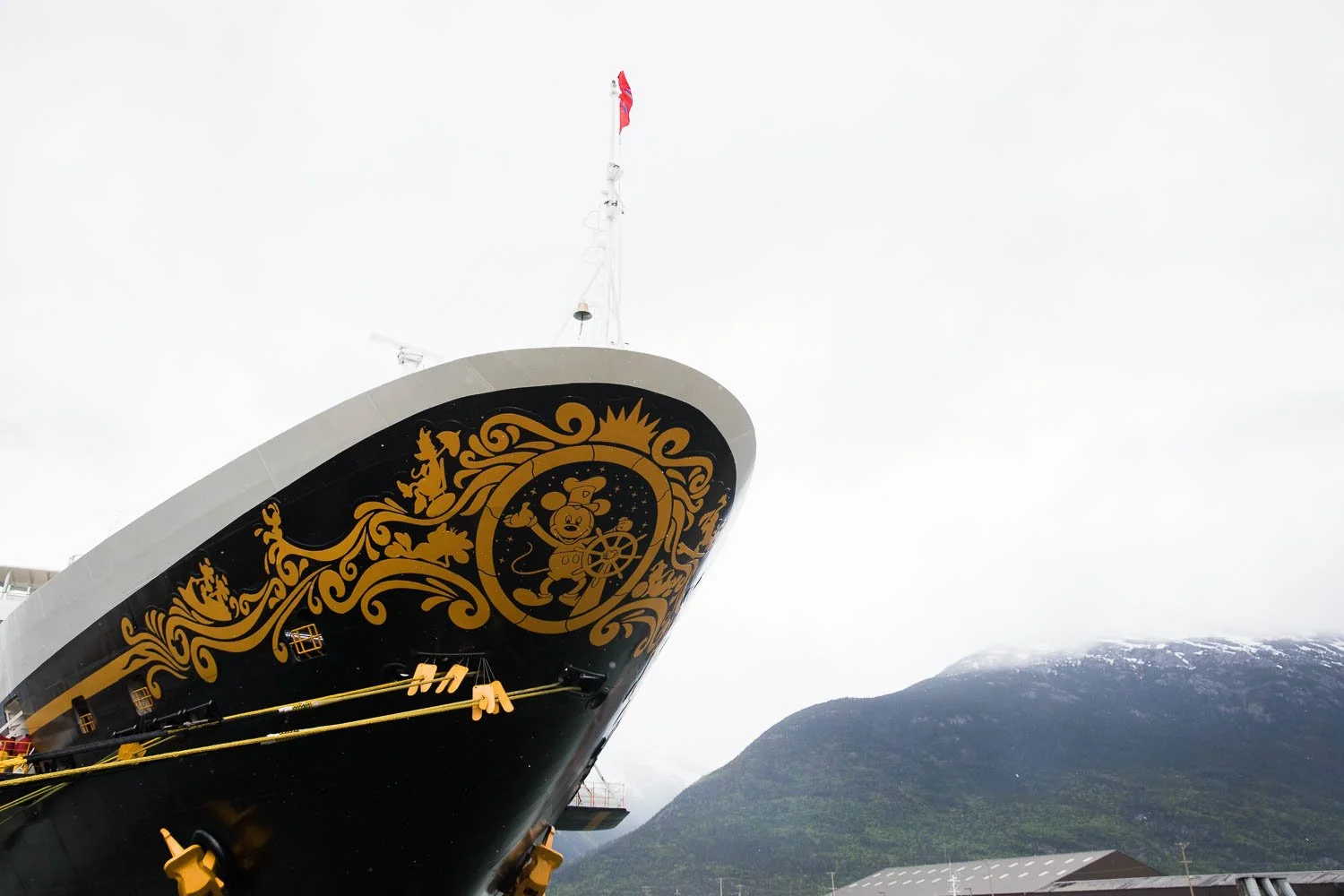 The helm of the Disney Wonder docked in Skagway Alaska.
