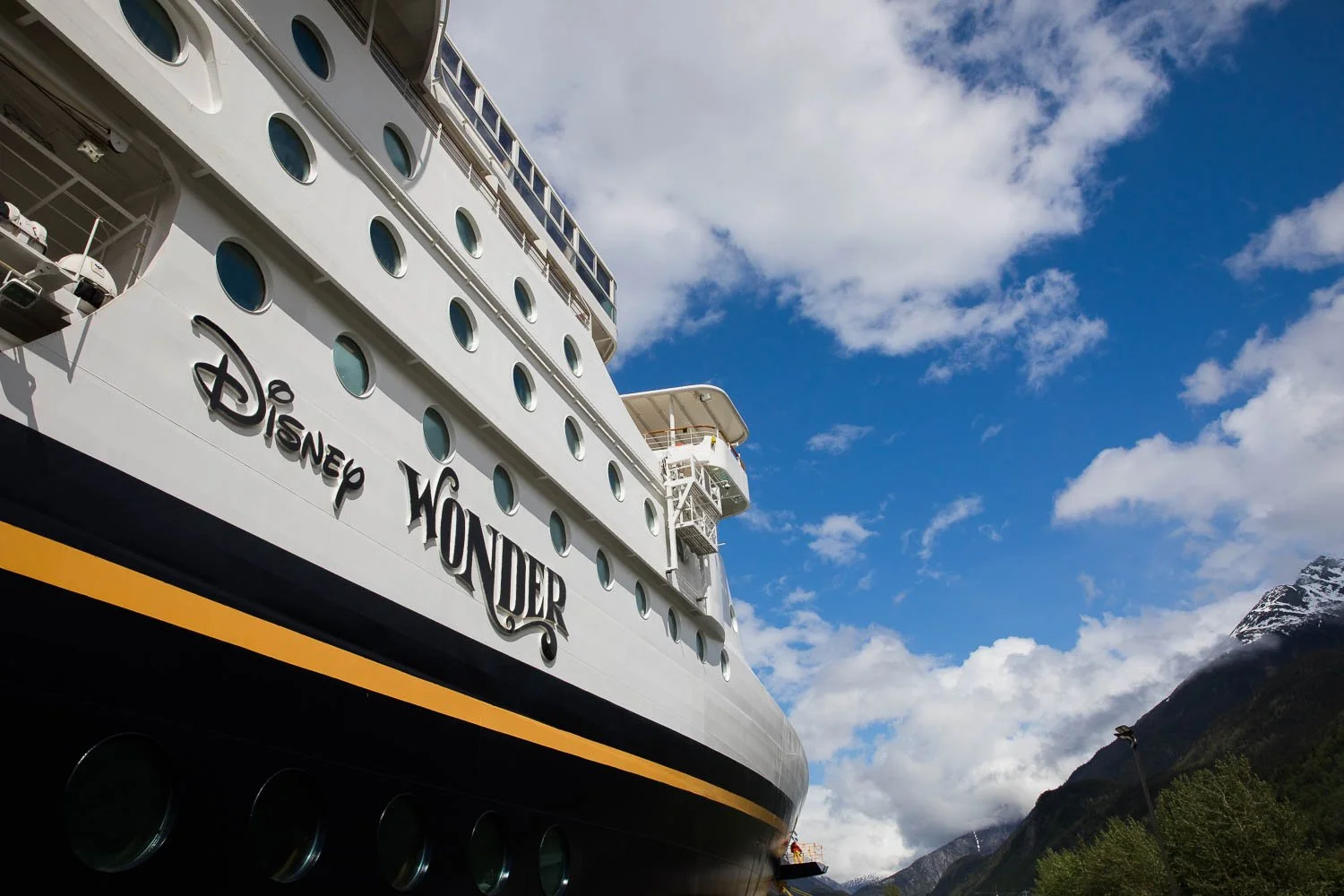 Bright blue skies and the Disney Wonder in Skagway, Alaska.