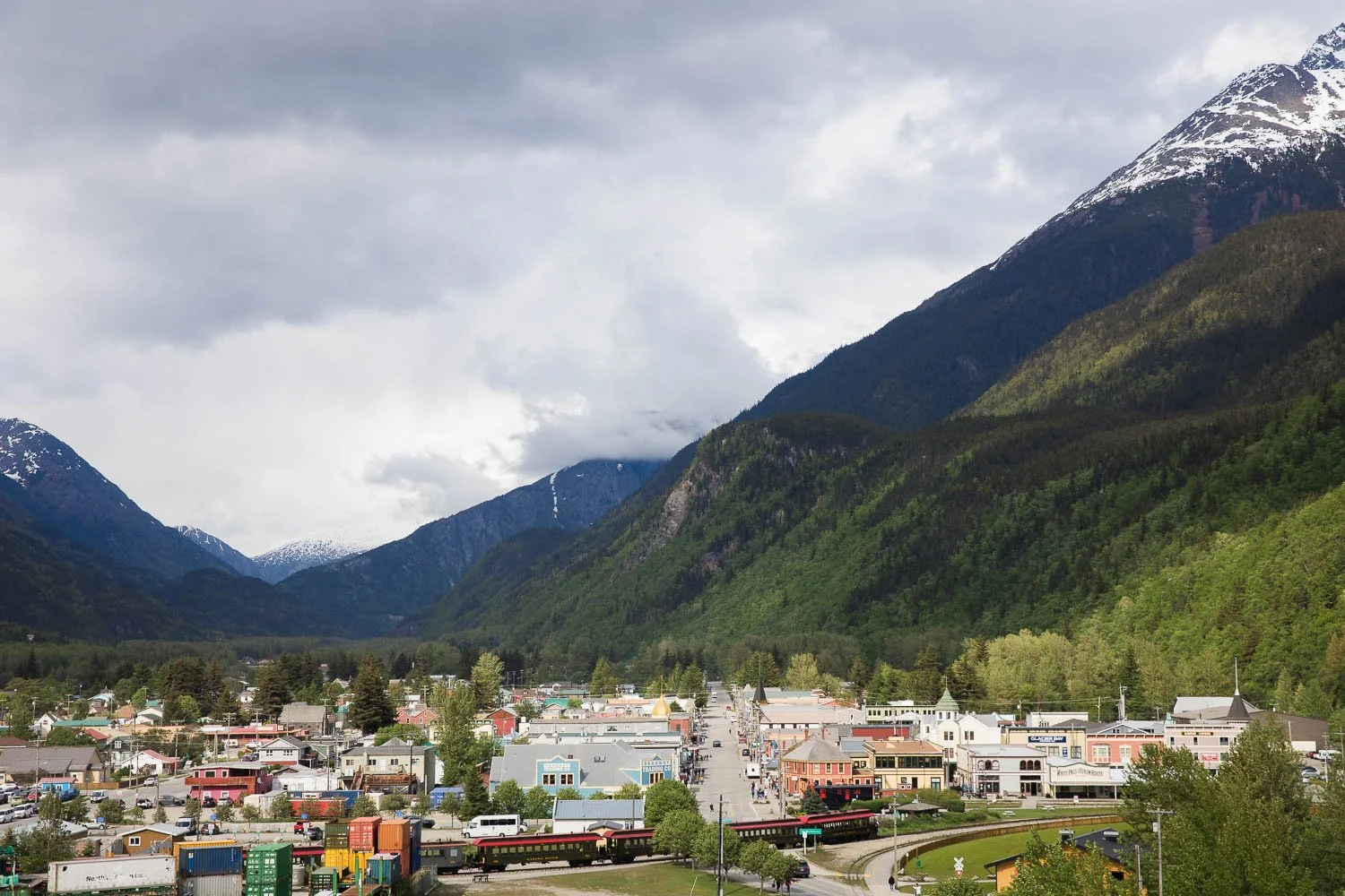 The quaint rail town of Skagway, nestled in the mountains of Alaska.