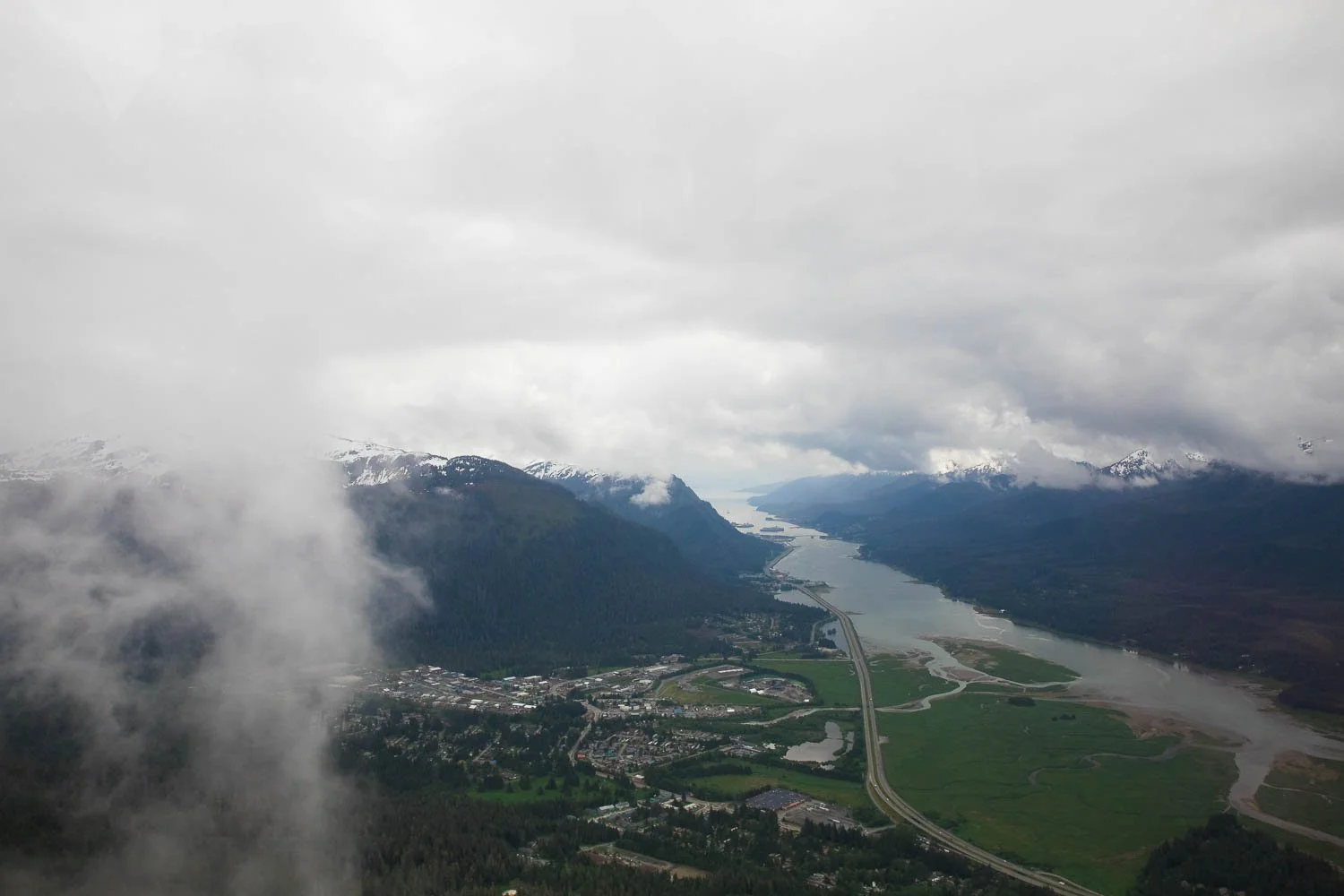 View from helicopter looking back towards the cruise ship port in Juneau, Alaska.