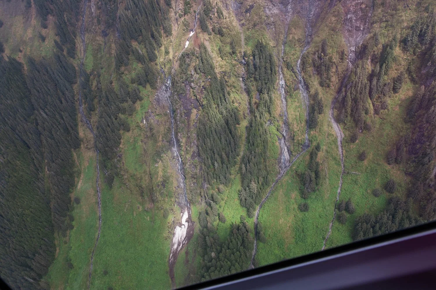 Green mountainsides seen from a helicopter in Juneau, Alaska.