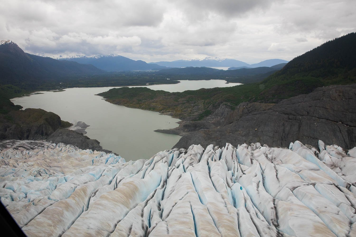 Looking down on rugged glacier ice from a helicopter.
