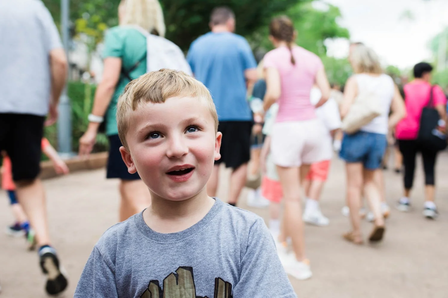 Boy in a crowd at Disney World.