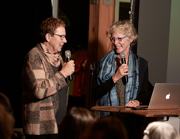 Joy Boutrup (Left) and Cathatine Ellis (RIGHT) presenting at the Maiwa School of Textiles Fall 2018.